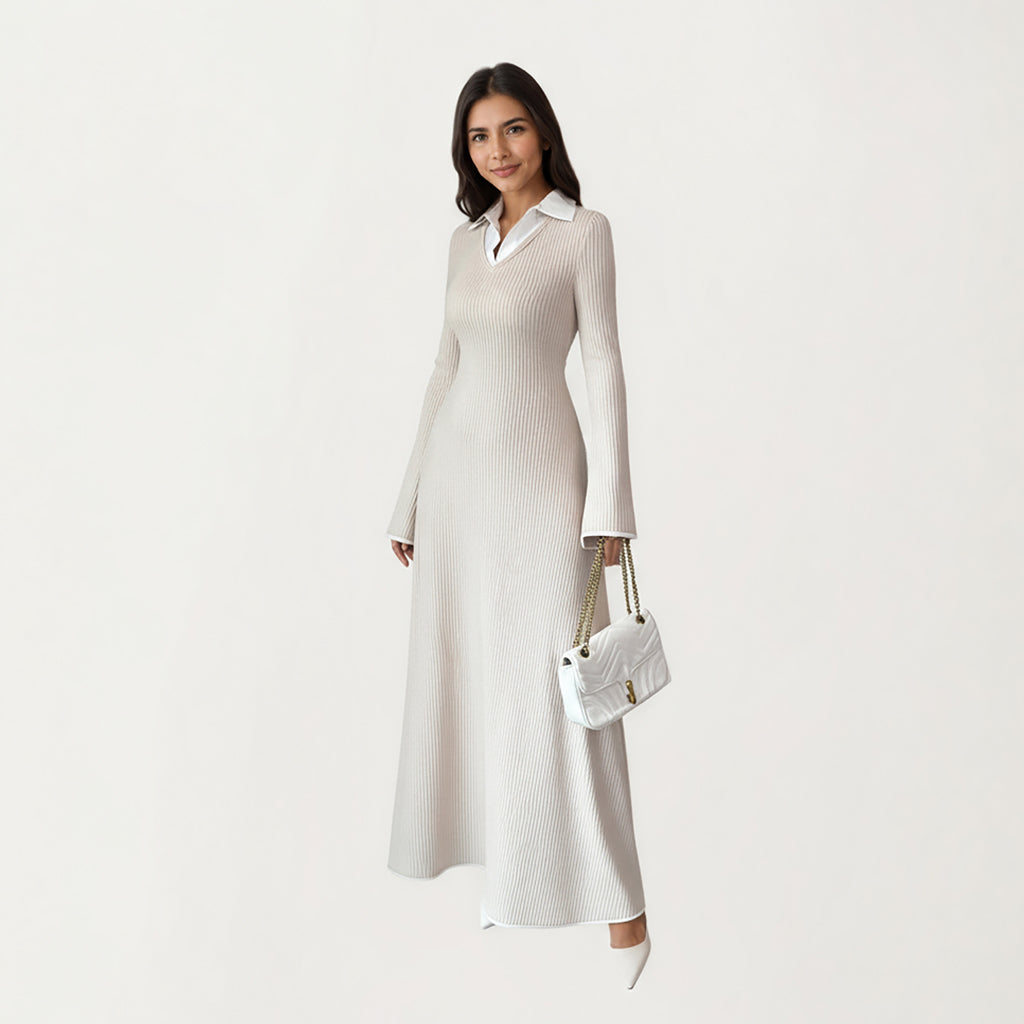 Anna-Kaci Women's Rib Knit Maxi Dress with Contrast Collar Detail, Long Sleeve Silhouette and Soft Stretch Texture for Refined Everyday Styling