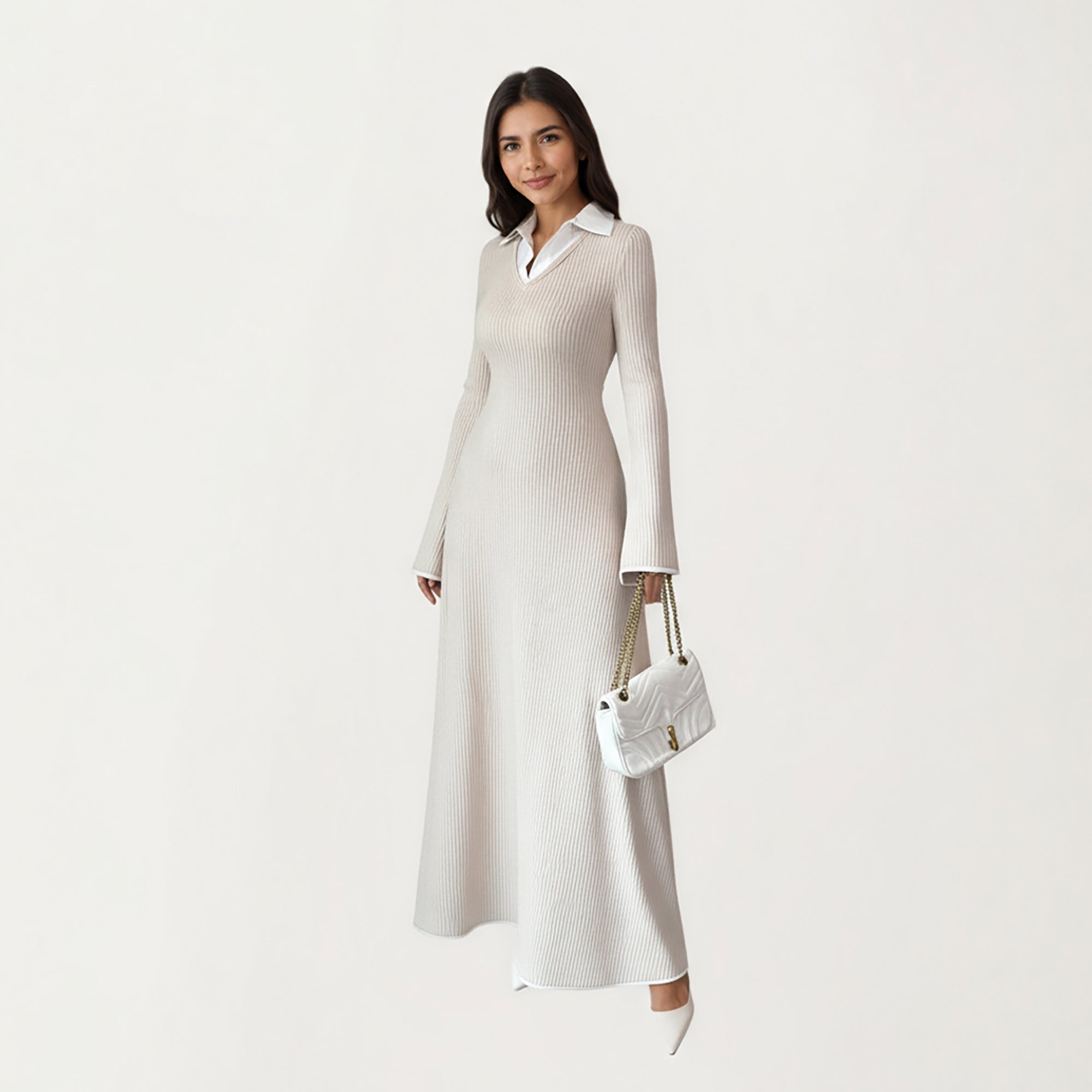 Anna-Kaci Women's Rib Knit Maxi Dress with Contrast Collar Detail, Long Sleeve Silhouette and Soft Stretch Texture for Refined Everyday Styling