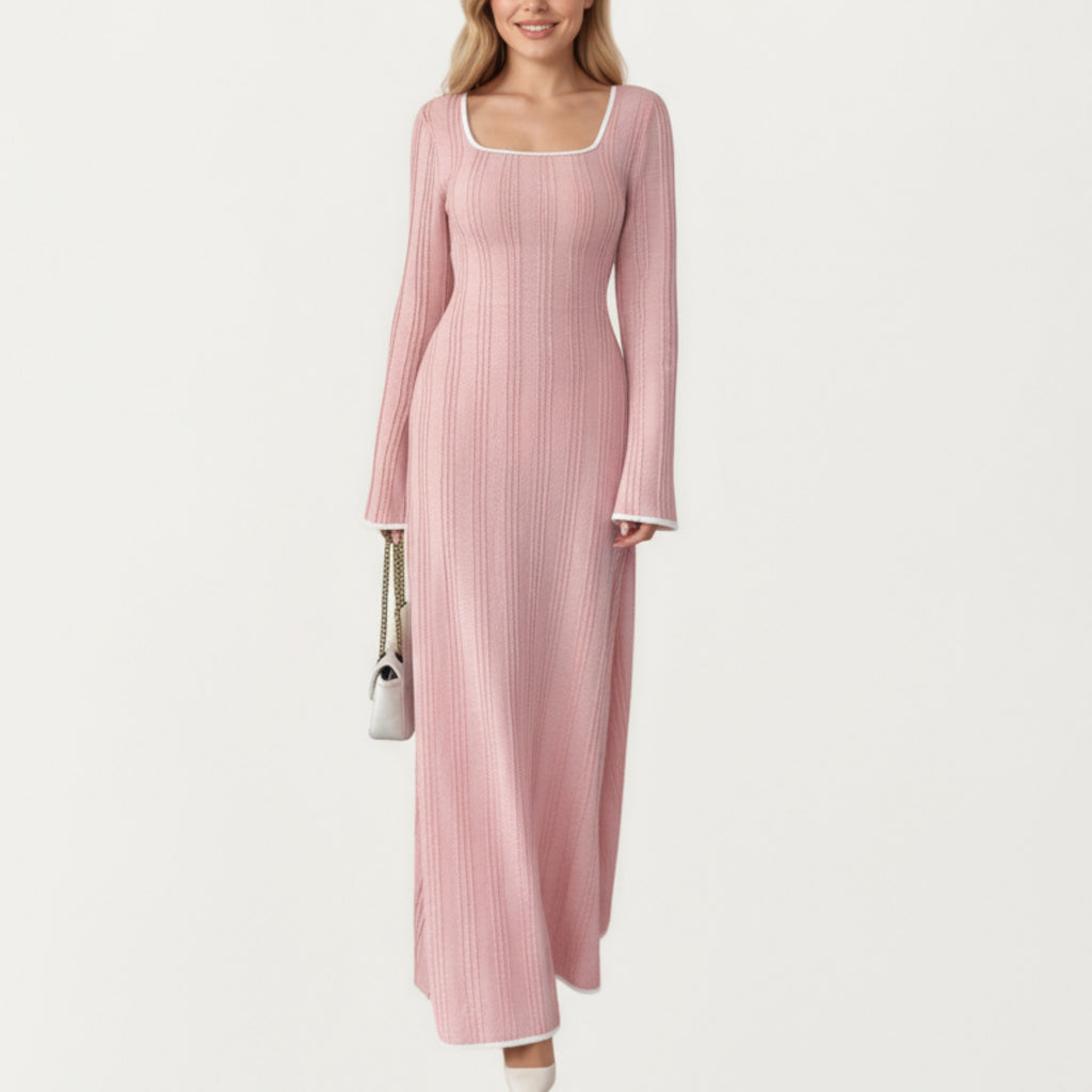 Anna-Kaci Women's Rib Knit Maxi Dress with Square Neckline, Long Sleeve Silhouette and Soft Textured Detailing for Refined Everyday Styling