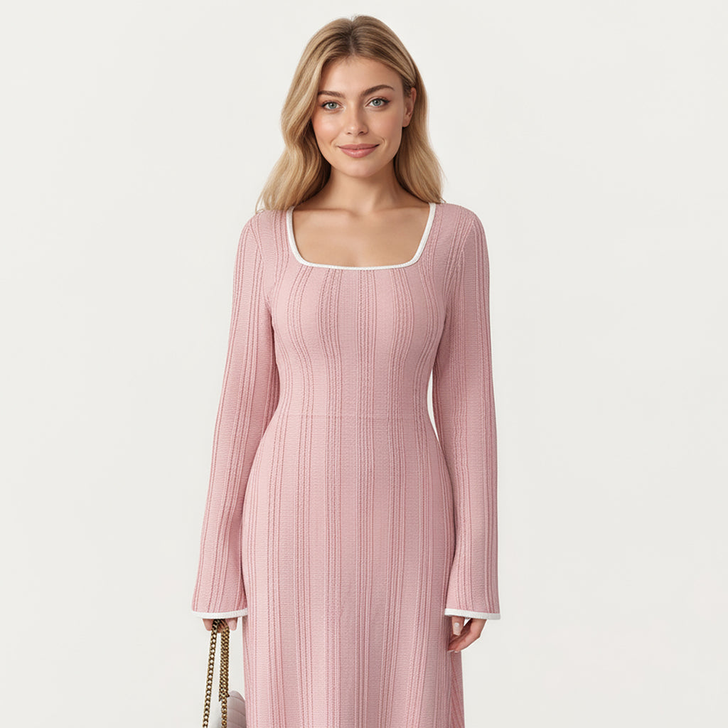 Anna-Kaci Women's Rib Knit Maxi Dress with Square Neckline, Long Sleeve Silhouette and Soft Textured Detailing for Refined Everyday Styling