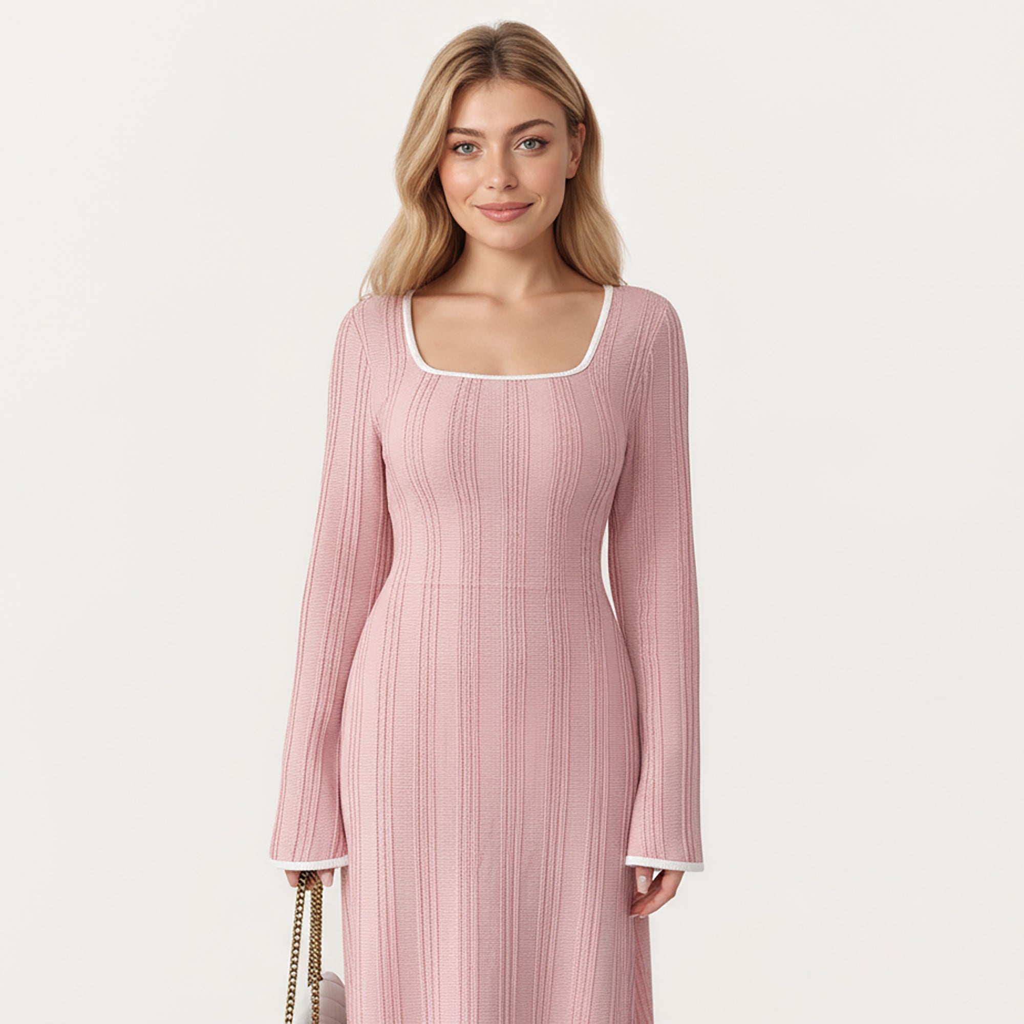 Anna-Kaci Women's Rib Knit Maxi Dress with Square Neckline, Long Sleeve Silhouette and Soft Textured Detailing for Refined Everyday Styling