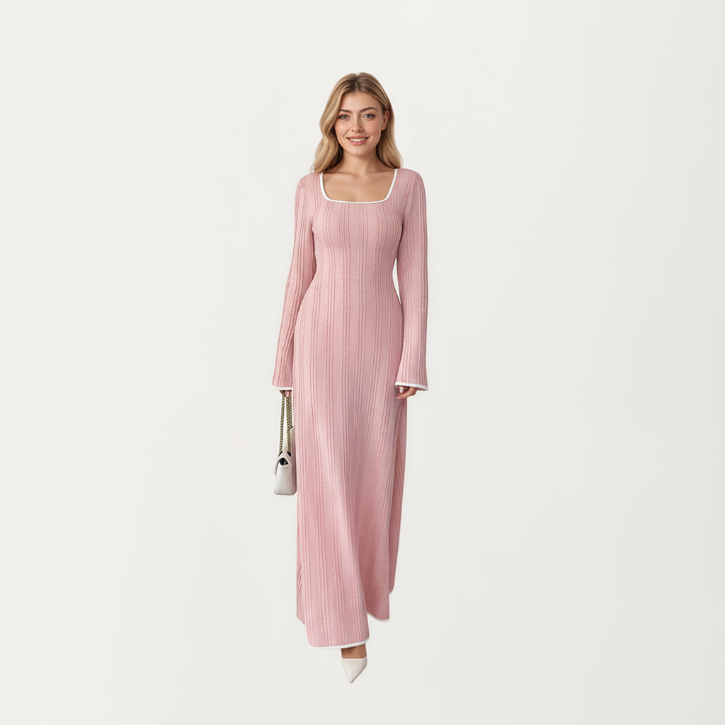 Anna-Kaci Women's Rib Knit Maxi Dress with Square Neckline, Long Sleeve Silhouette and Soft Textured Detailing for Refined Everyday Styling