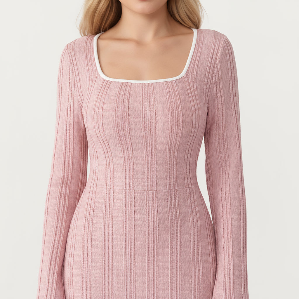 Anna-Kaci Women's Rib Knit Maxi Dress with Square Neckline, Long Sleeve Silhouette and Soft Textured Detailing for Refined Everyday Styling