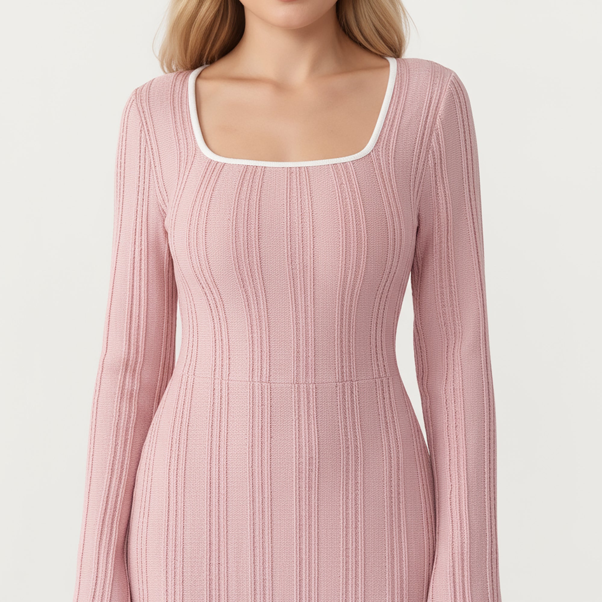 Anna-Kaci Women's Rib Knit Maxi Dress with Square Neckline, Long Sleeve Silhouette and Soft Textured Detailing for Refined Everyday Styling