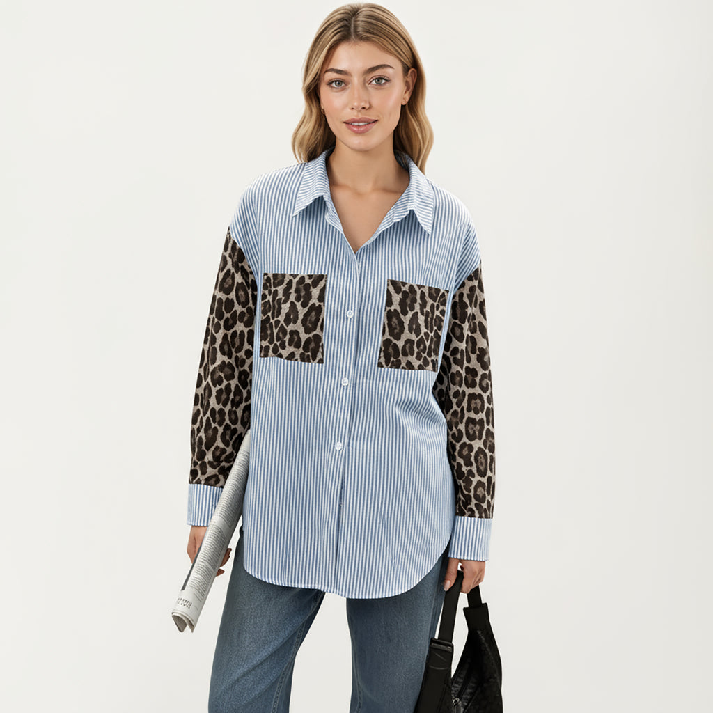 Anna-Kaci Women's Long Sleeve Button-Up Shirt with Leopard Print Sleeves and Striped Pattern