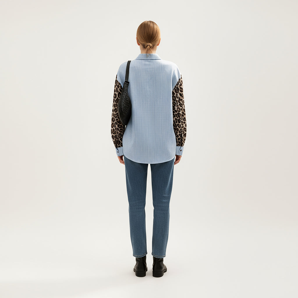 Anna-Kaci Women's Long Sleeve Button-Up Shirt with Leopard Print Sleeves and Striped Pattern