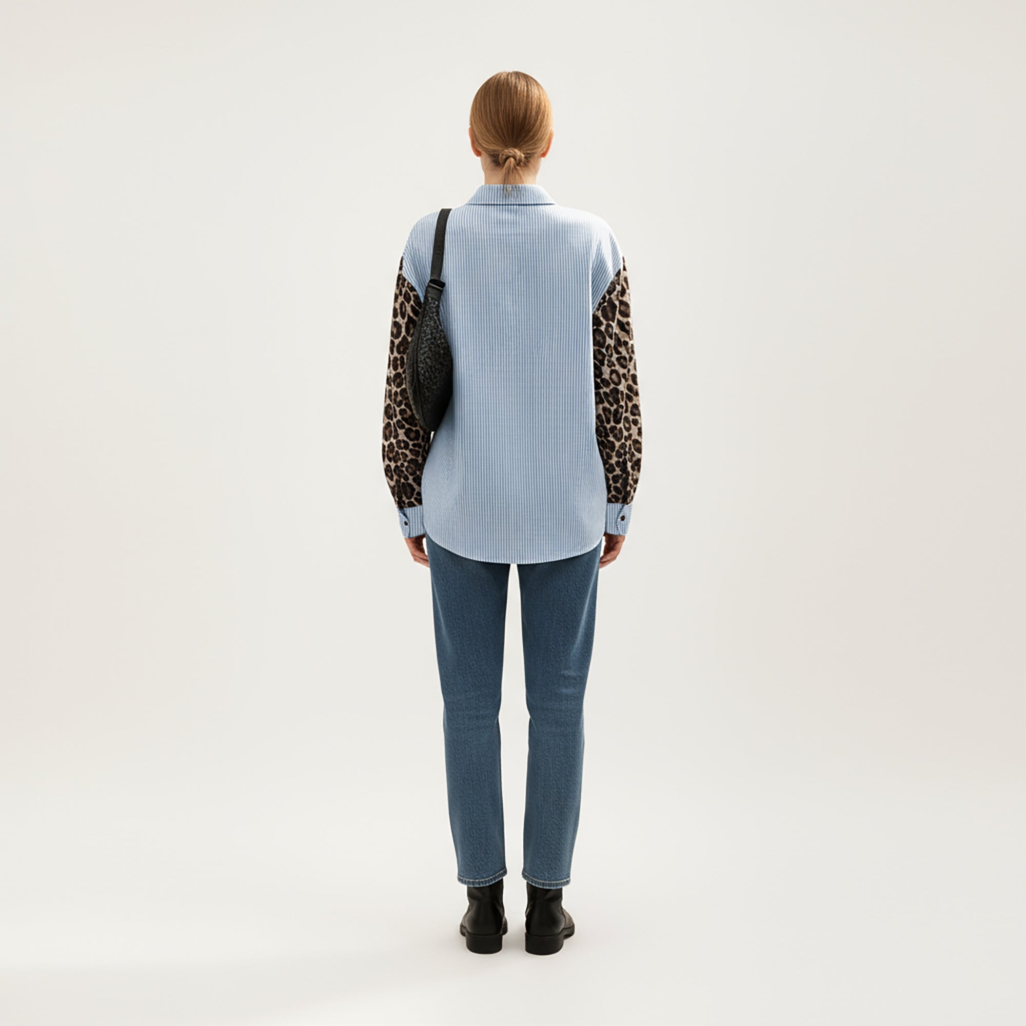 Anna-Kaci Women's Long Sleeve Button-Up Shirt with Leopard Print Sleeves and Striped Pattern