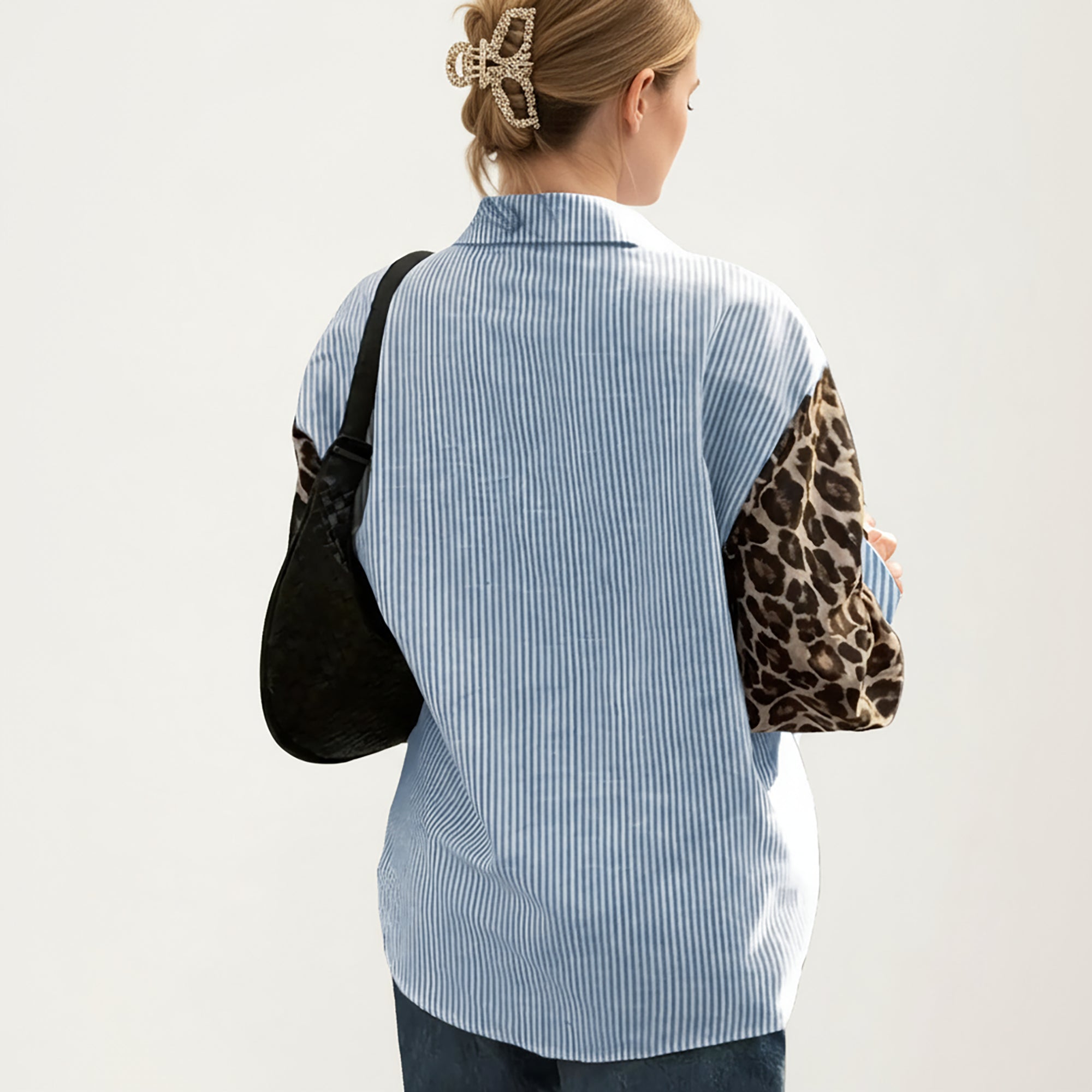 Anna-Kaci Women's Long Sleeve Button-Up Shirt with Leopard Print Sleeves and Striped Pattern