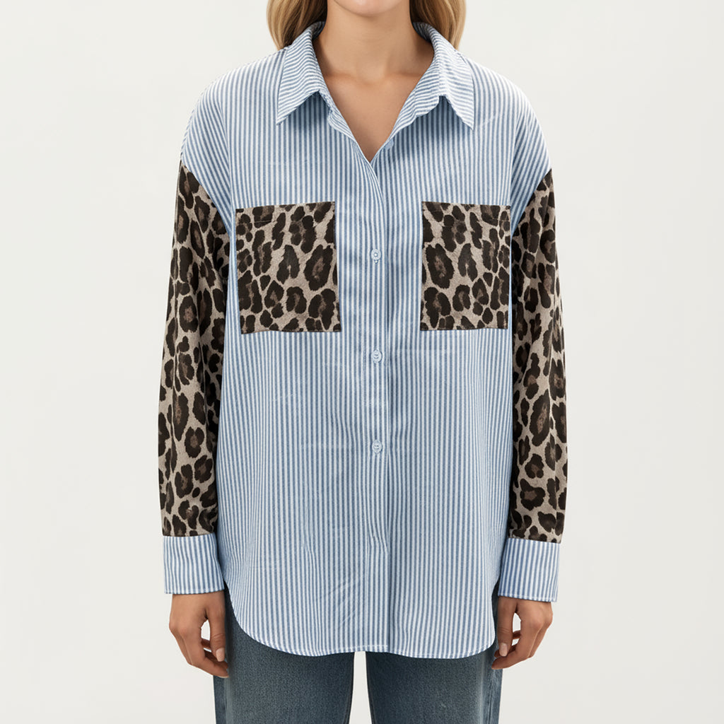 Anna-Kaci Women's Long Sleeve Button-Up Shirt with Leopard Print Sleeves and Striped Pattern
