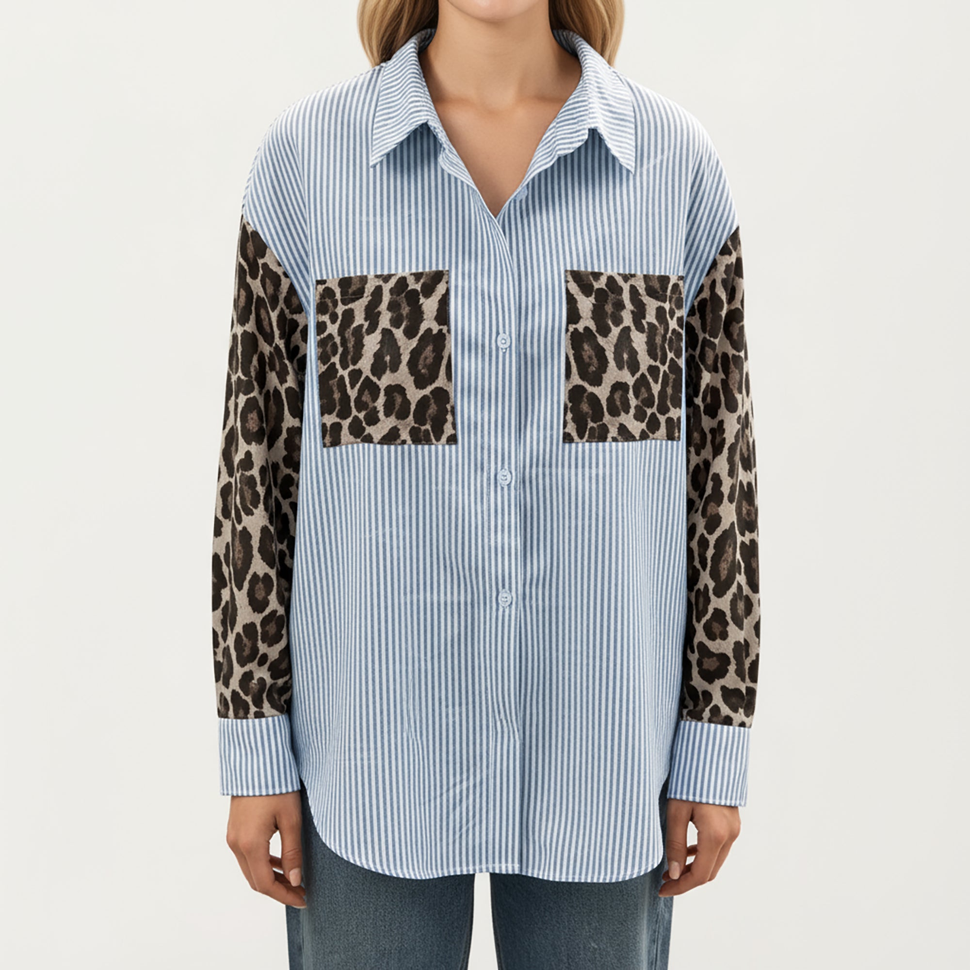 Anna-Kaci Women's Long Sleeve Button-Up Shirt with Leopard Print Sleeves and Striped Pattern