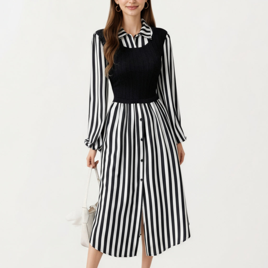 Anna-Kaci Women's Long Sleeve Striped Button-Front Midi Dress with Knit Vest Overlay and Collared Neckline