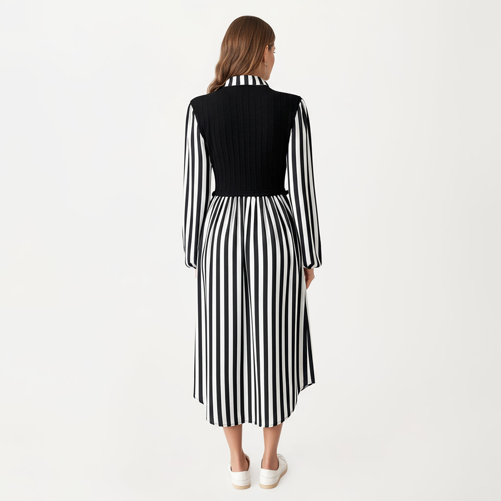 Anna-Kaci Women's Long Sleeve Striped Button-Front Midi Dress with Knit Vest Overlay and Collared Neckline
