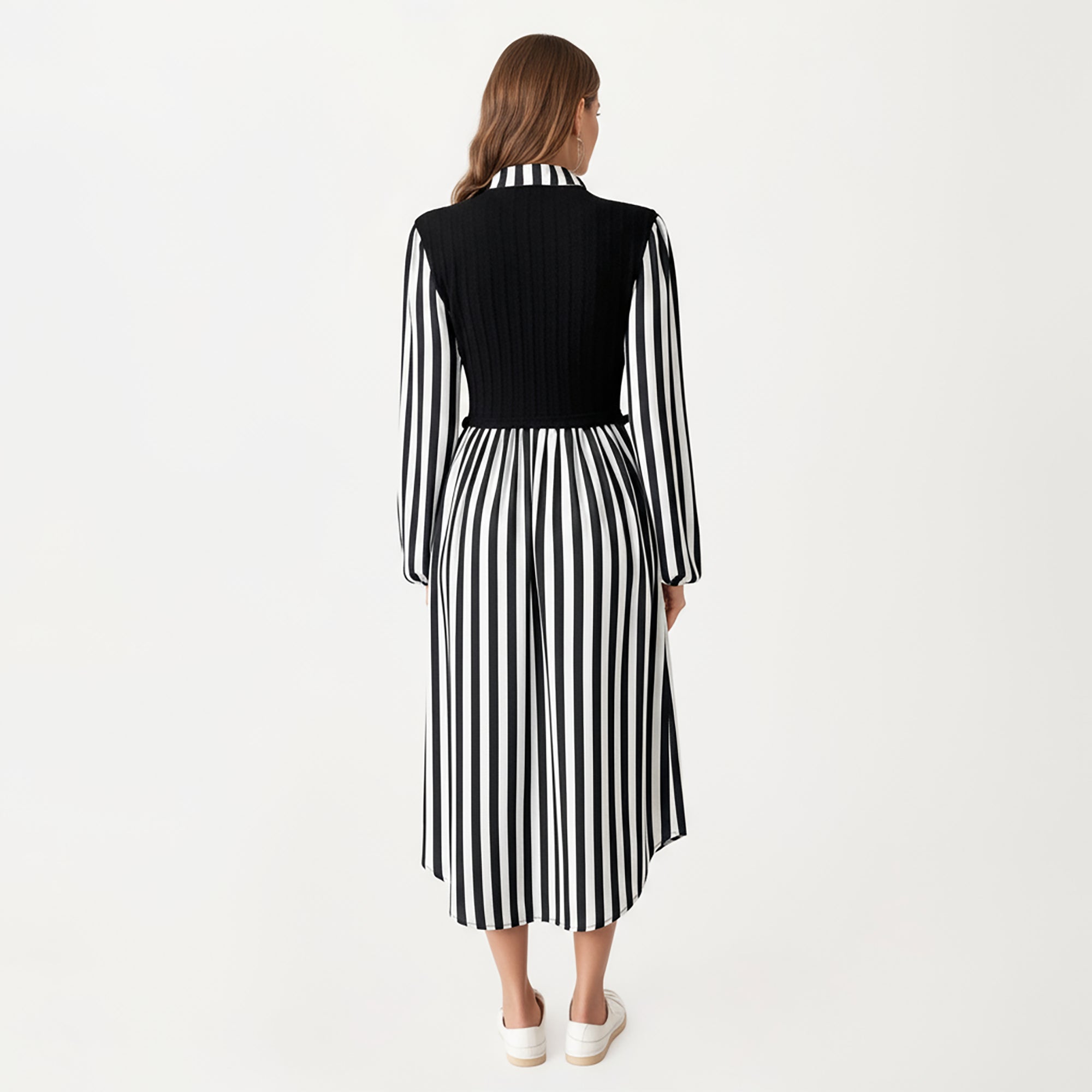 Anna-Kaci Women's Long Sleeve Striped Button-Front Midi Dress with Knit Vest Overlay and Collared Neckline