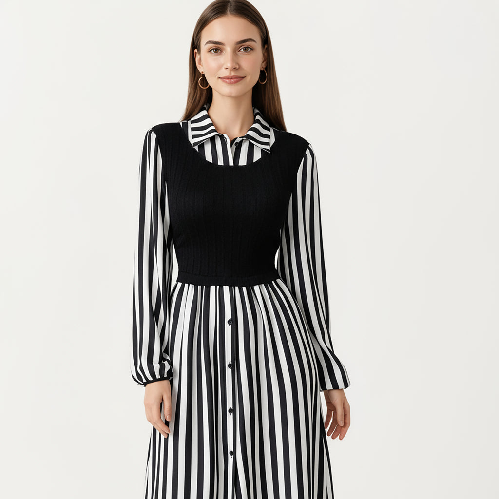 Anna-Kaci Women's Long Sleeve Striped Button-Front Midi Dress with Knit Vest Overlay and Collared Neckline