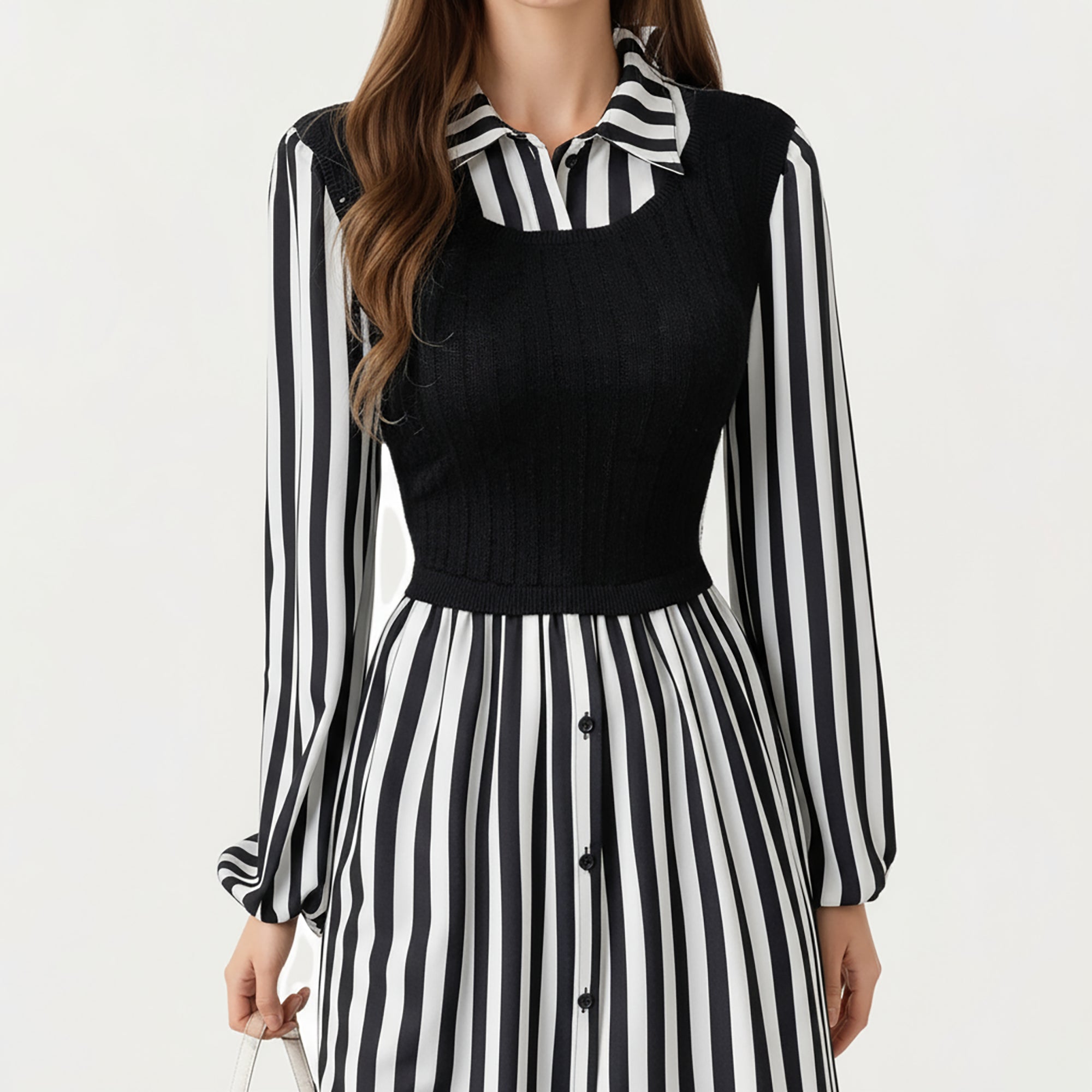 Anna-Kaci Women's Long Sleeve Striped Button-Front Midi Dress with Knit Vest Overlay and Collared Neckline