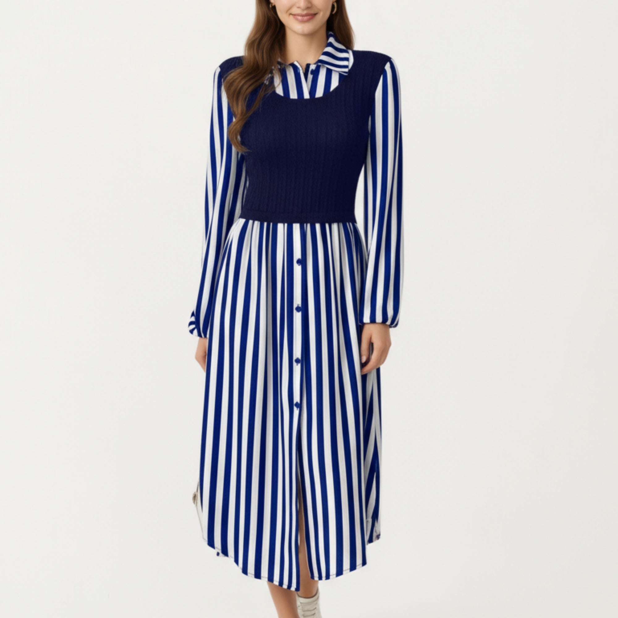 Anna-Kaci Women's Long Sleeve Striped Button-Front Midi Dress with Knit Vest Overlay and Collared Neckline