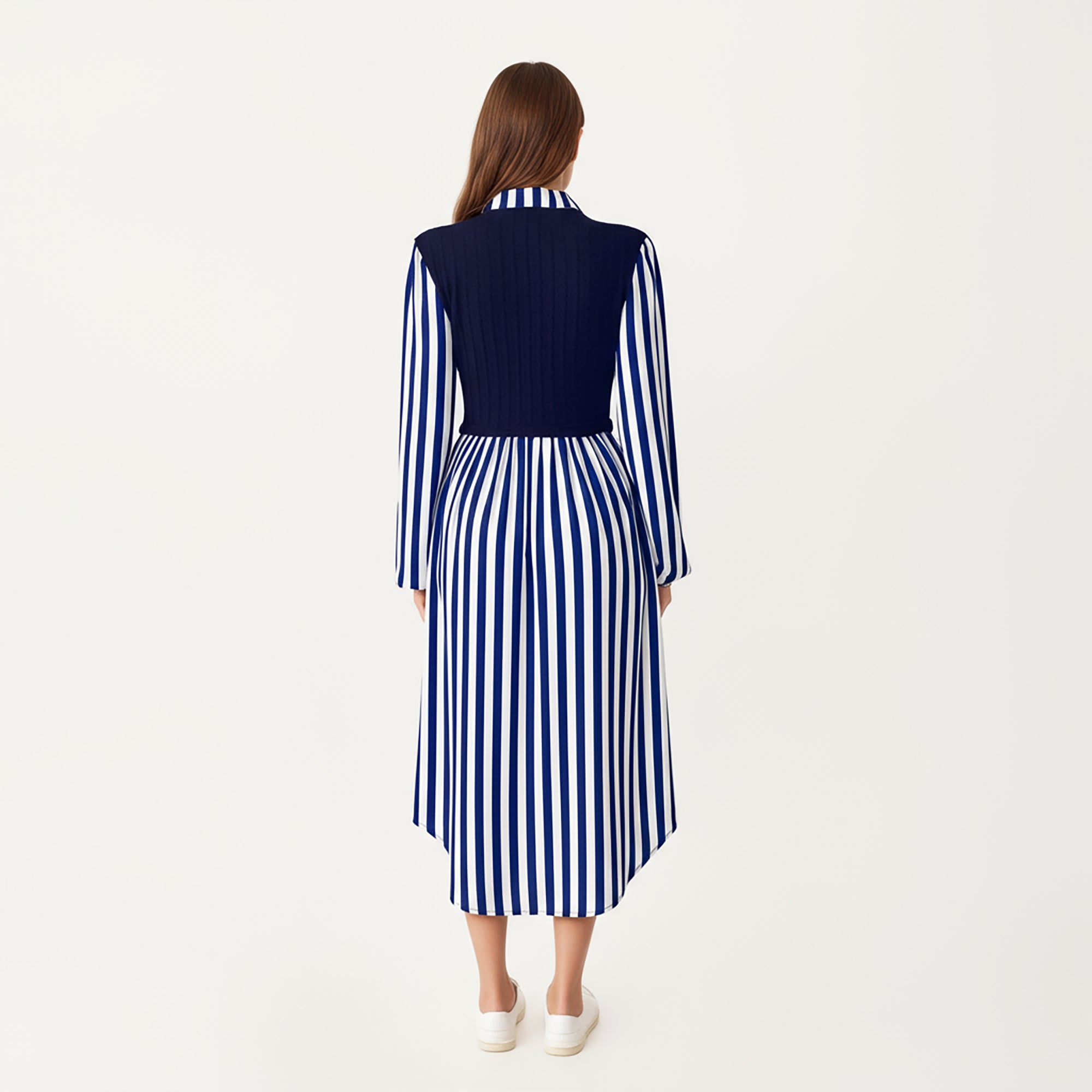 Anna-Kaci Women's Long Sleeve Striped Button-Front Midi Dress with Knit Vest Overlay and Collared Neckline