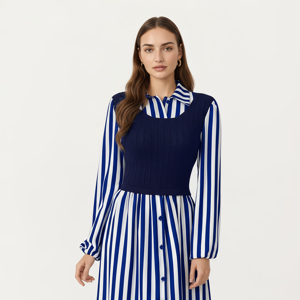 Anna-Kaci Women's Long Sleeve Striped Button-Front Midi Dress with Knit Vest Overlay and Collared Neckline
