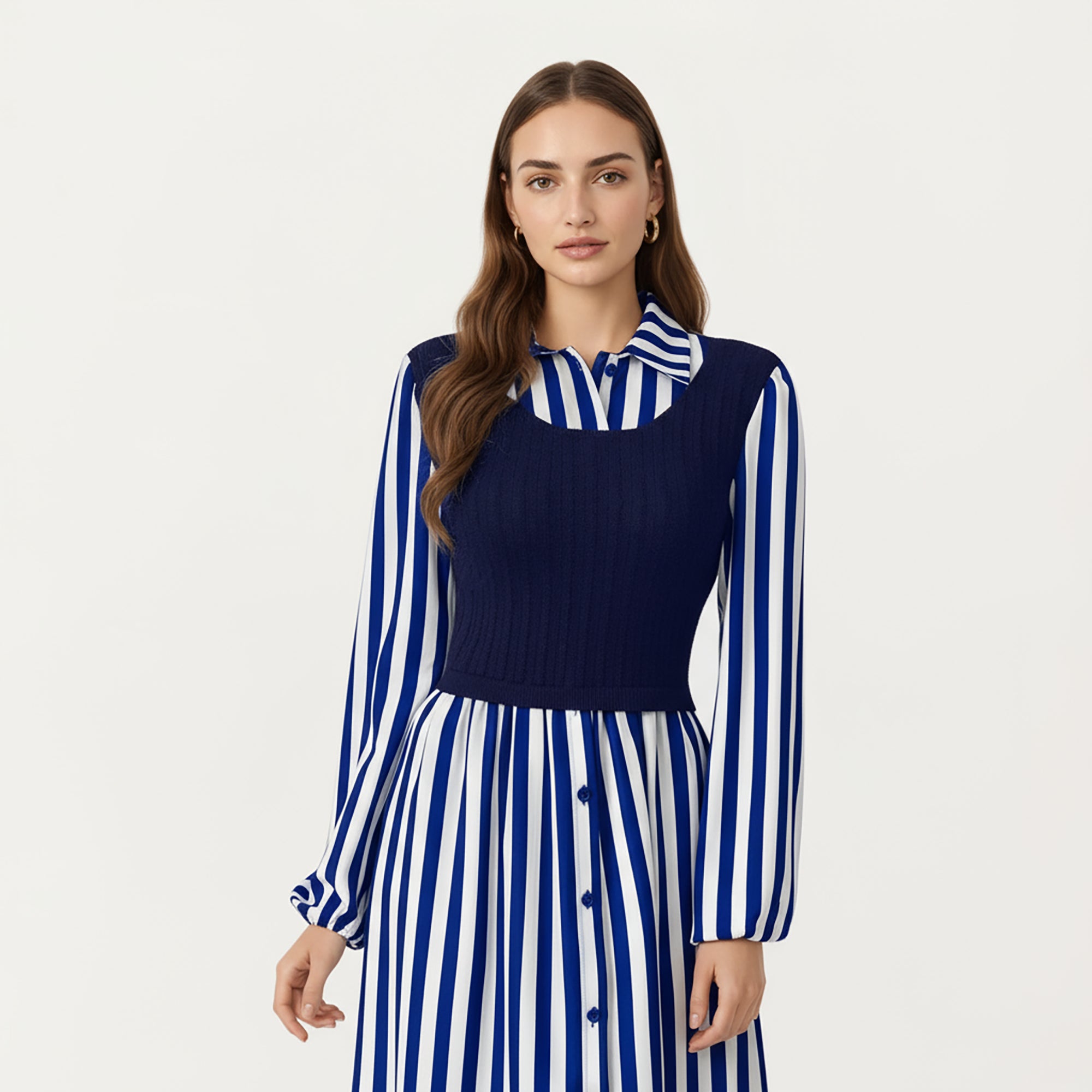Anna-Kaci Women's Long Sleeve Striped Button-Front Midi Dress with Knit Vest Overlay and Collared Neckline