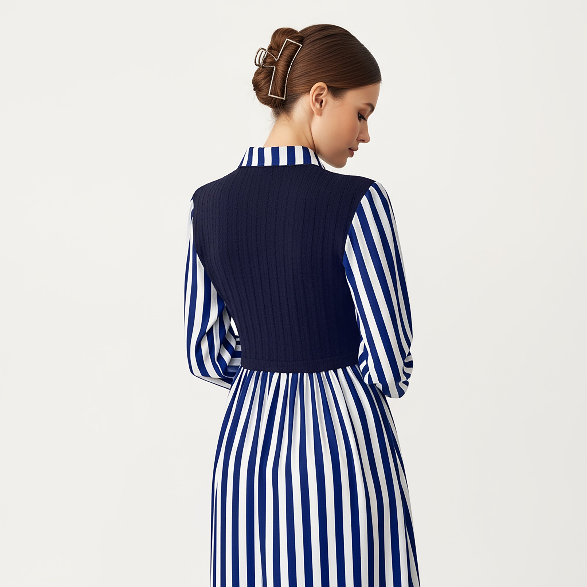 Anna-Kaci Women's Long Sleeve Striped Button-Front Midi Dress with Knit Vest Overlay and Collared Neckline