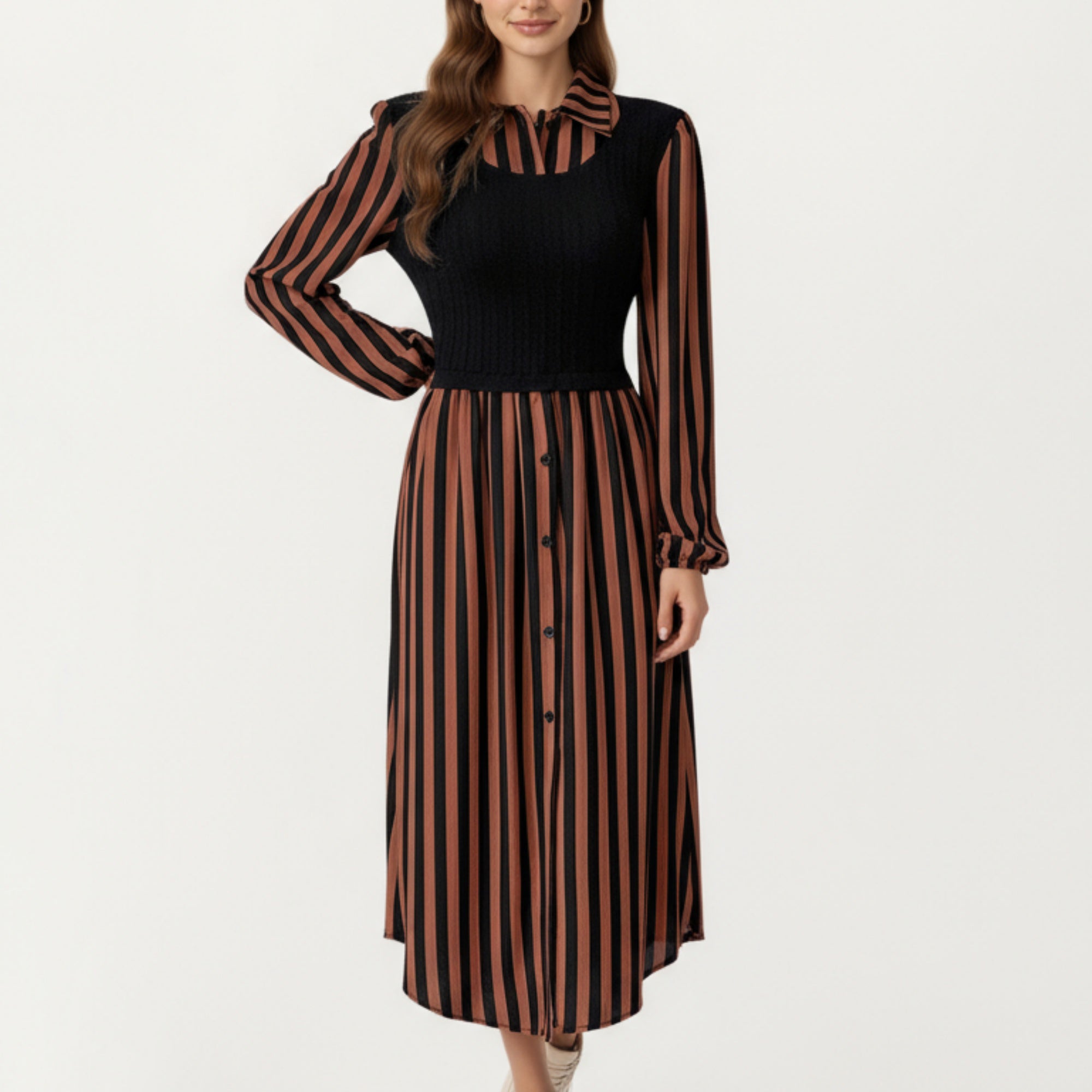 Anna-Kaci Women's Long Sleeve Striped Button-Front Midi Dress with Knit Vest Overlay and Collared Neckline