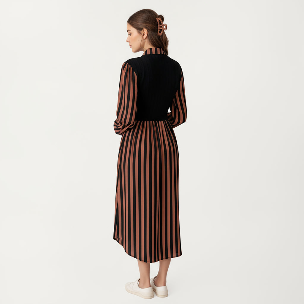 Anna-Kaci Women's Long Sleeve Striped Button-Front Midi Dress with Knit Vest Overlay and Collared Neckline