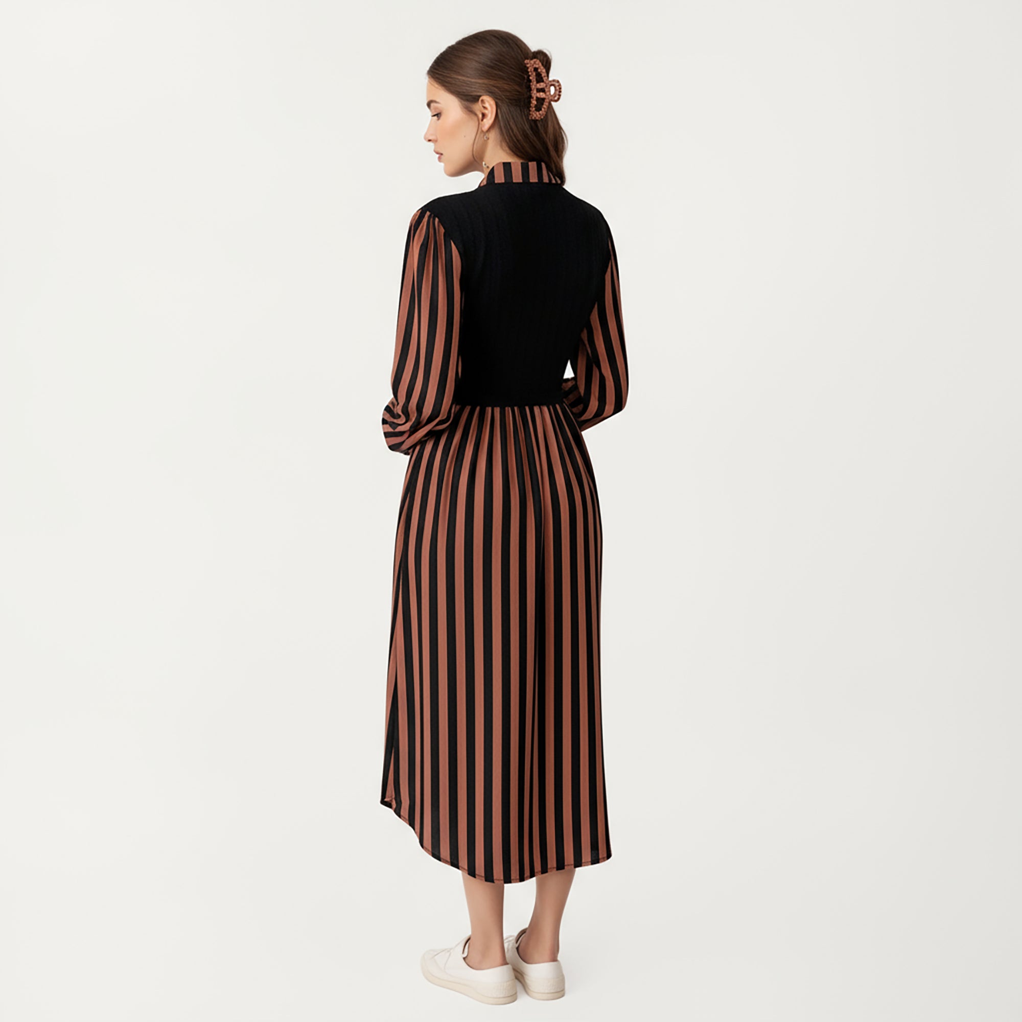 Anna-Kaci Women's Long Sleeve Striped Button-Front Midi Dress with Knit Vest Overlay and Collared Neckline