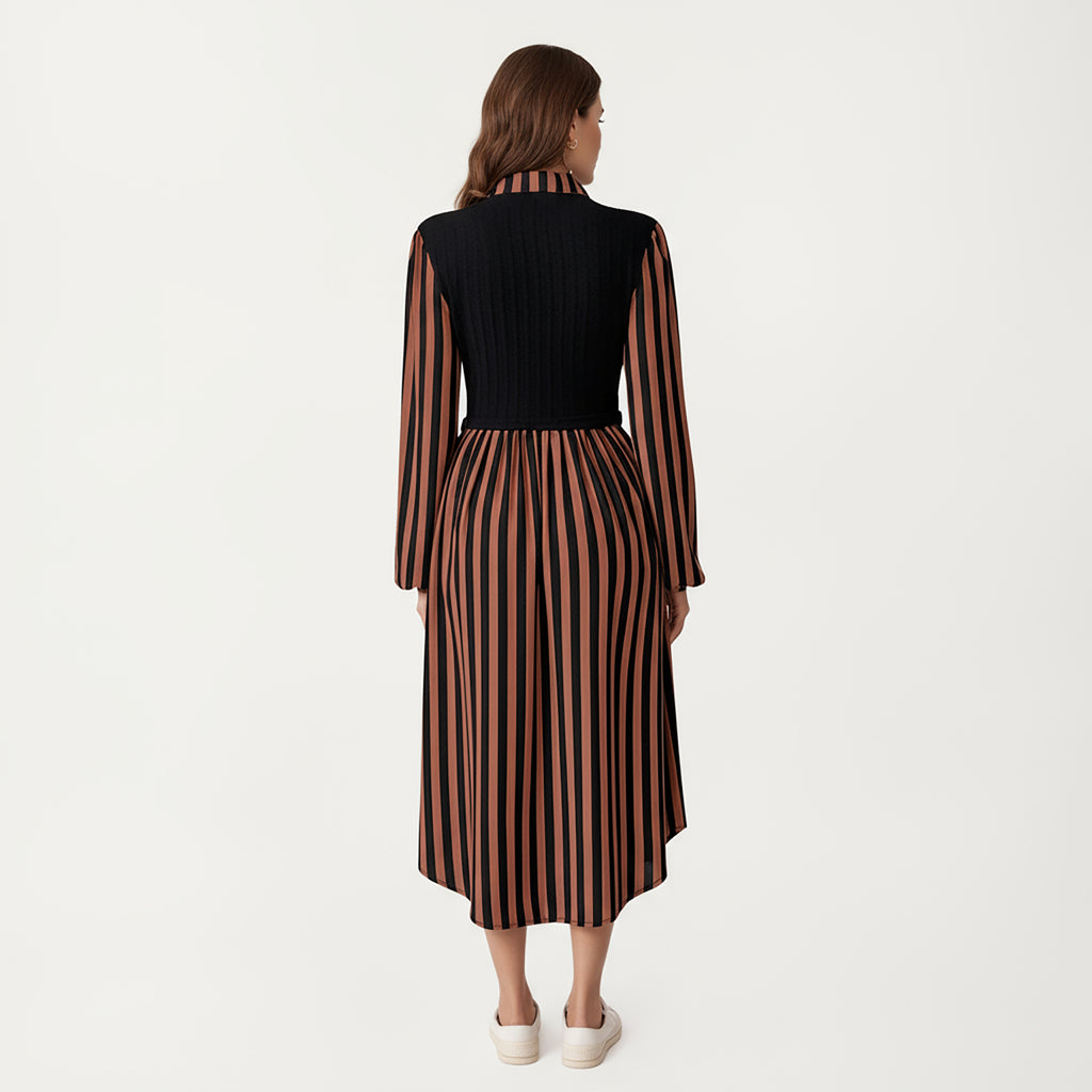 Anna-Kaci Women's Long Sleeve Striped Button-Front Midi Dress with Knit Vest Overlay and Collared Neckline