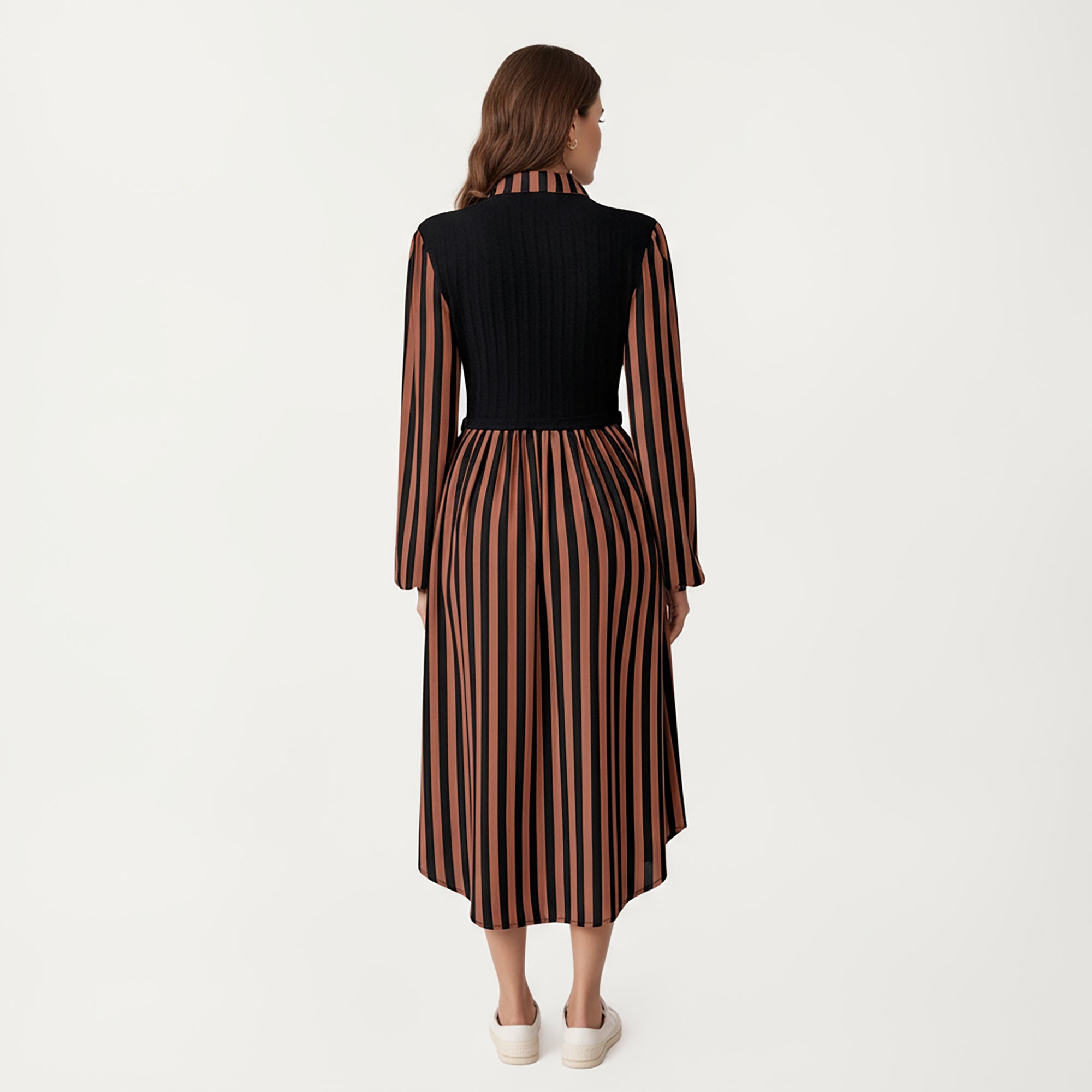 Anna-Kaci Women's Long Sleeve Striped Button-Front Midi Dress with Knit Vest Overlay and Collared Neckline