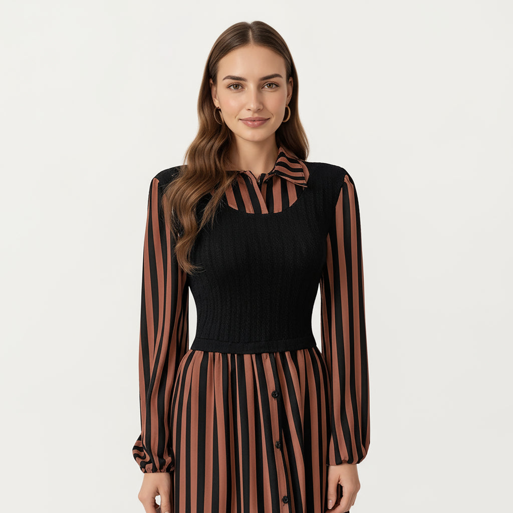 Anna-Kaci Women's Long Sleeve Striped Button-Front Midi Dress with Knit Vest Overlay and Collared Neckline