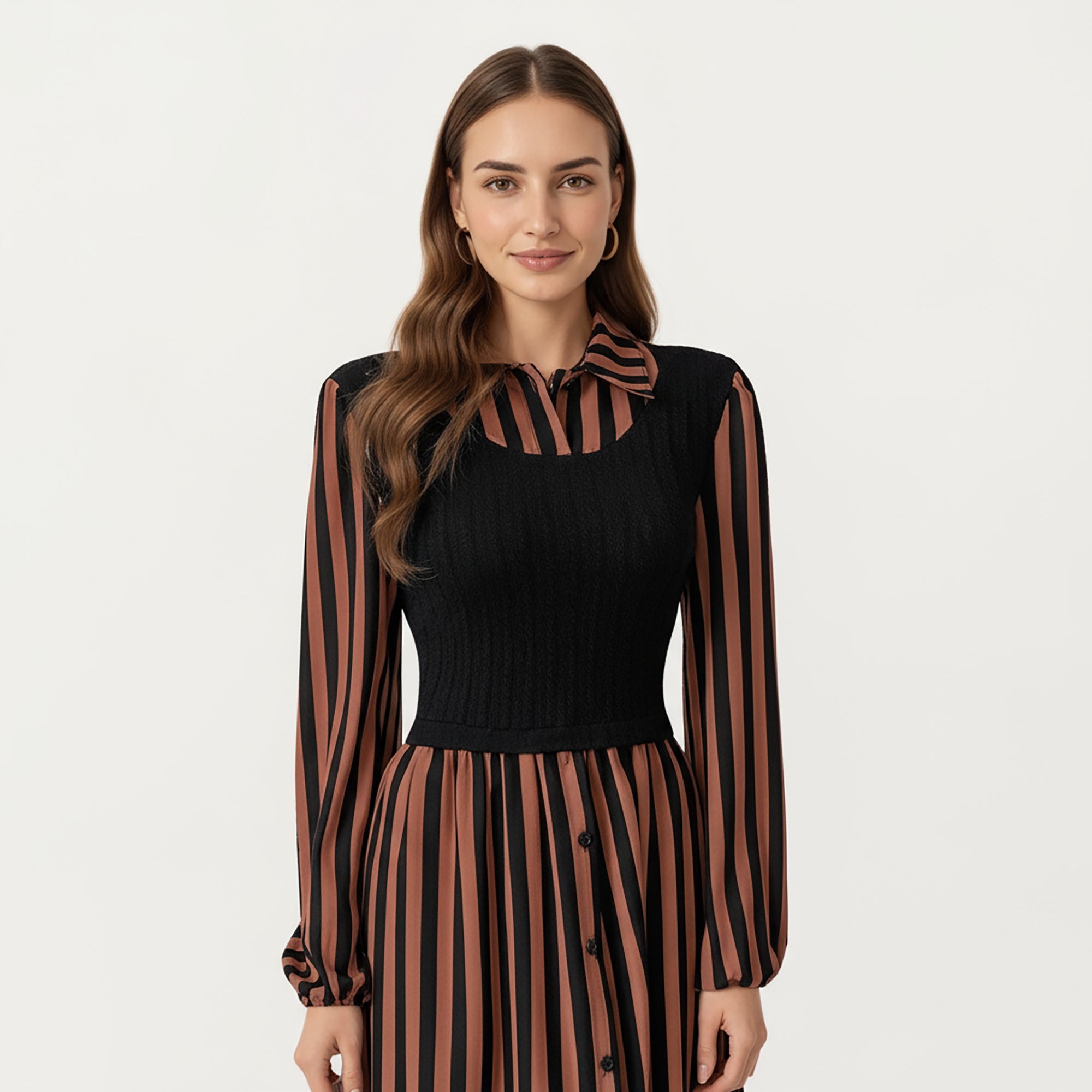 Anna-Kaci Women's Long Sleeve Striped Button-Front Midi Dress with Knit Vest Overlay and Collared Neckline