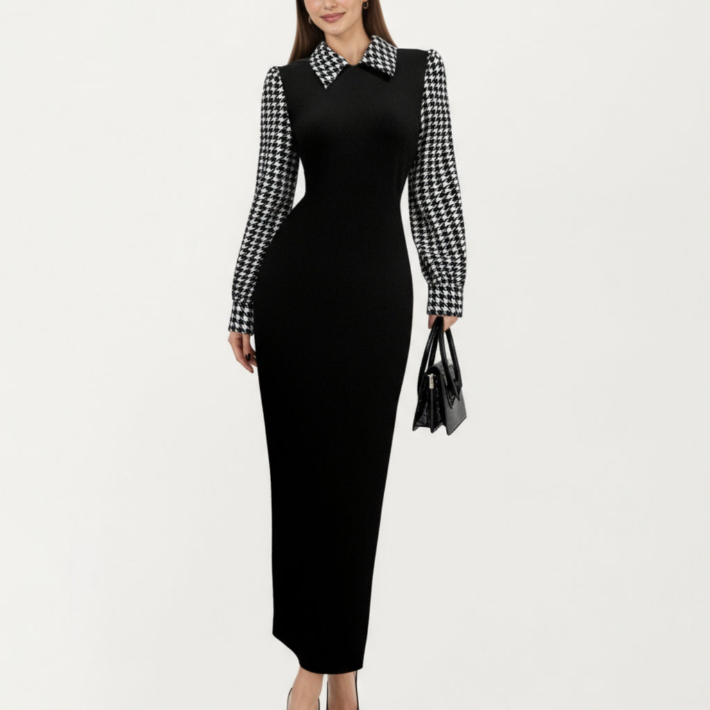 Anna-Kaci Women's Long Sleeve Houndstooth Collar Maxi Dress with Fitted Silhouette and Contrast Design