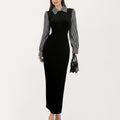 Anna-Kaci Women's Long Sleeve Houndstooth Collar Maxi Dress with Fitted Silhouette and Contrast Design