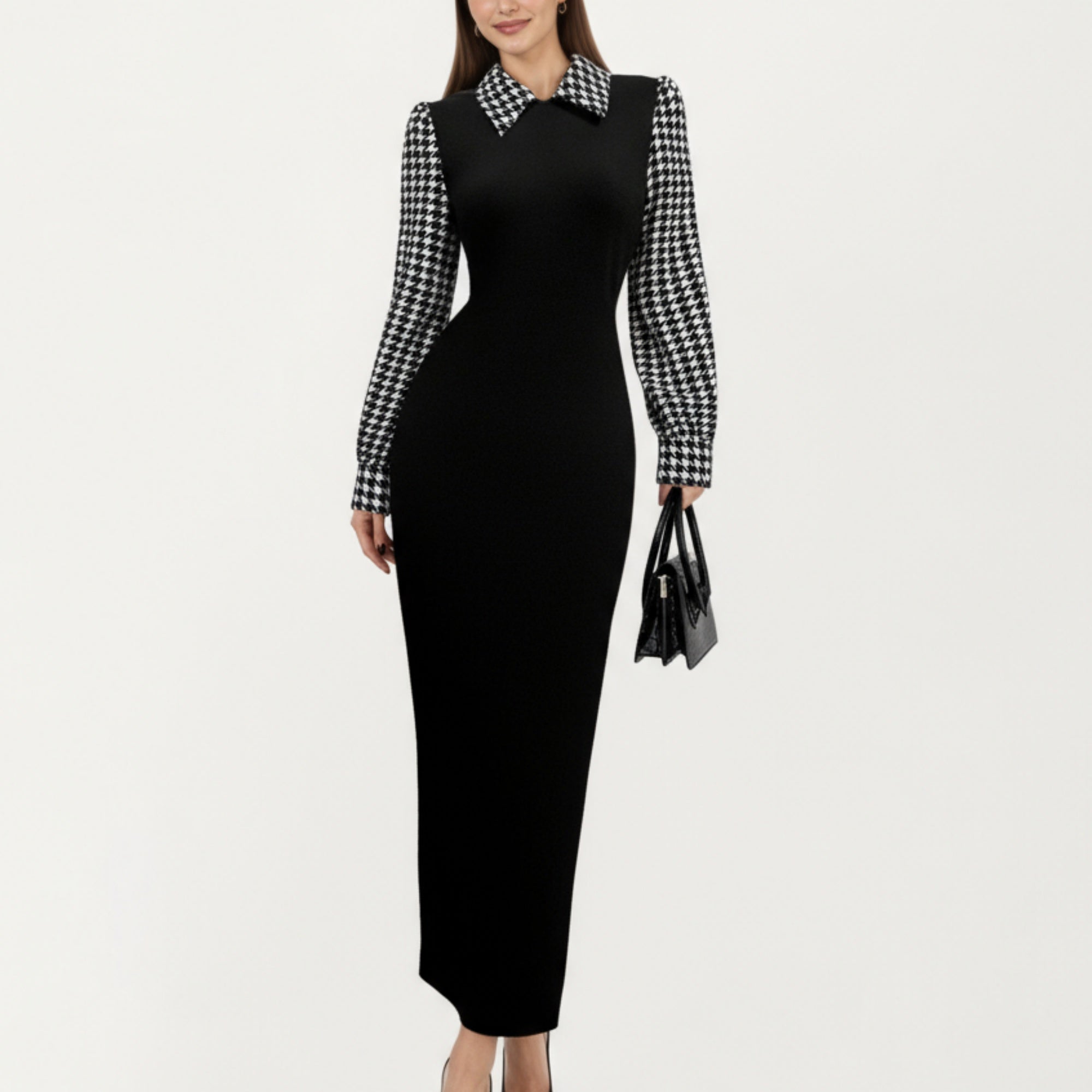 Anna-Kaci Women's Long Sleeve Houndstooth Collar Maxi Dress with Fitted Silhouette and Contrast Design
