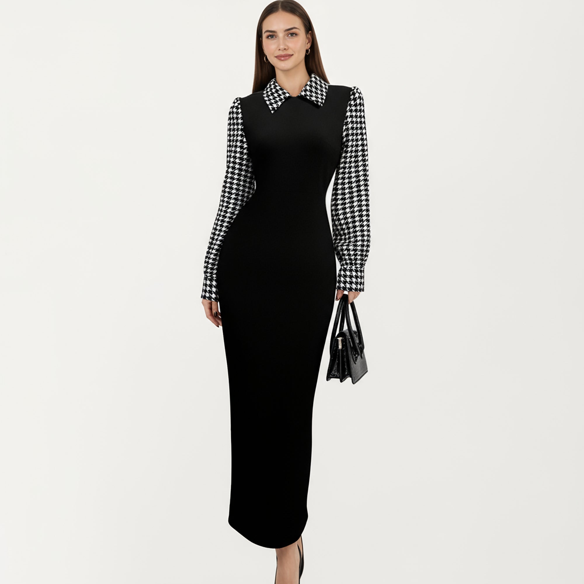 Anna-Kaci Women's Long Sleeve Houndstooth Collar Maxi Dress with Fitted Silhouette and Contrast Design