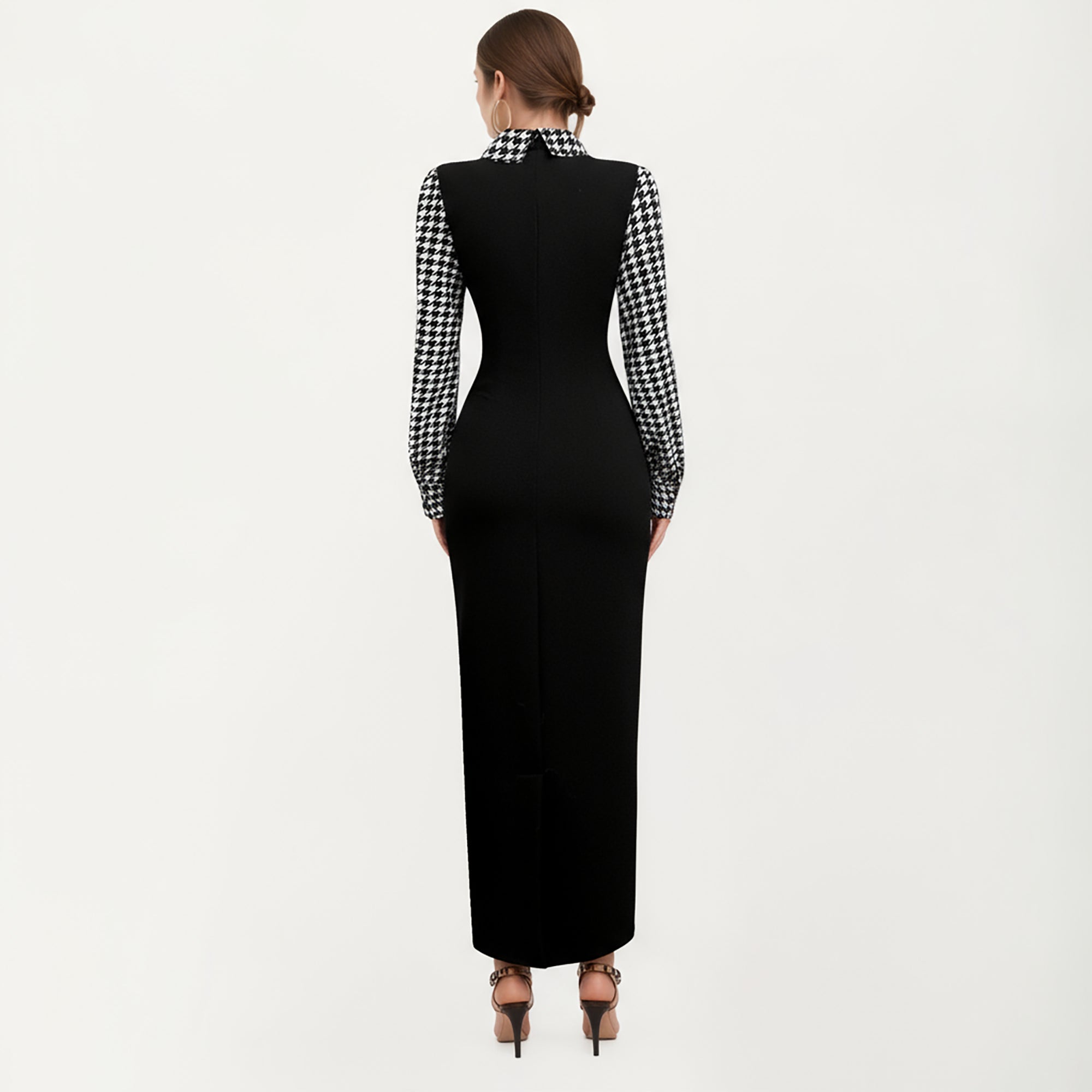 Anna-Kaci Women's Long Sleeve Houndstooth Collar Maxi Dress with Fitted Silhouette and Contrast Design