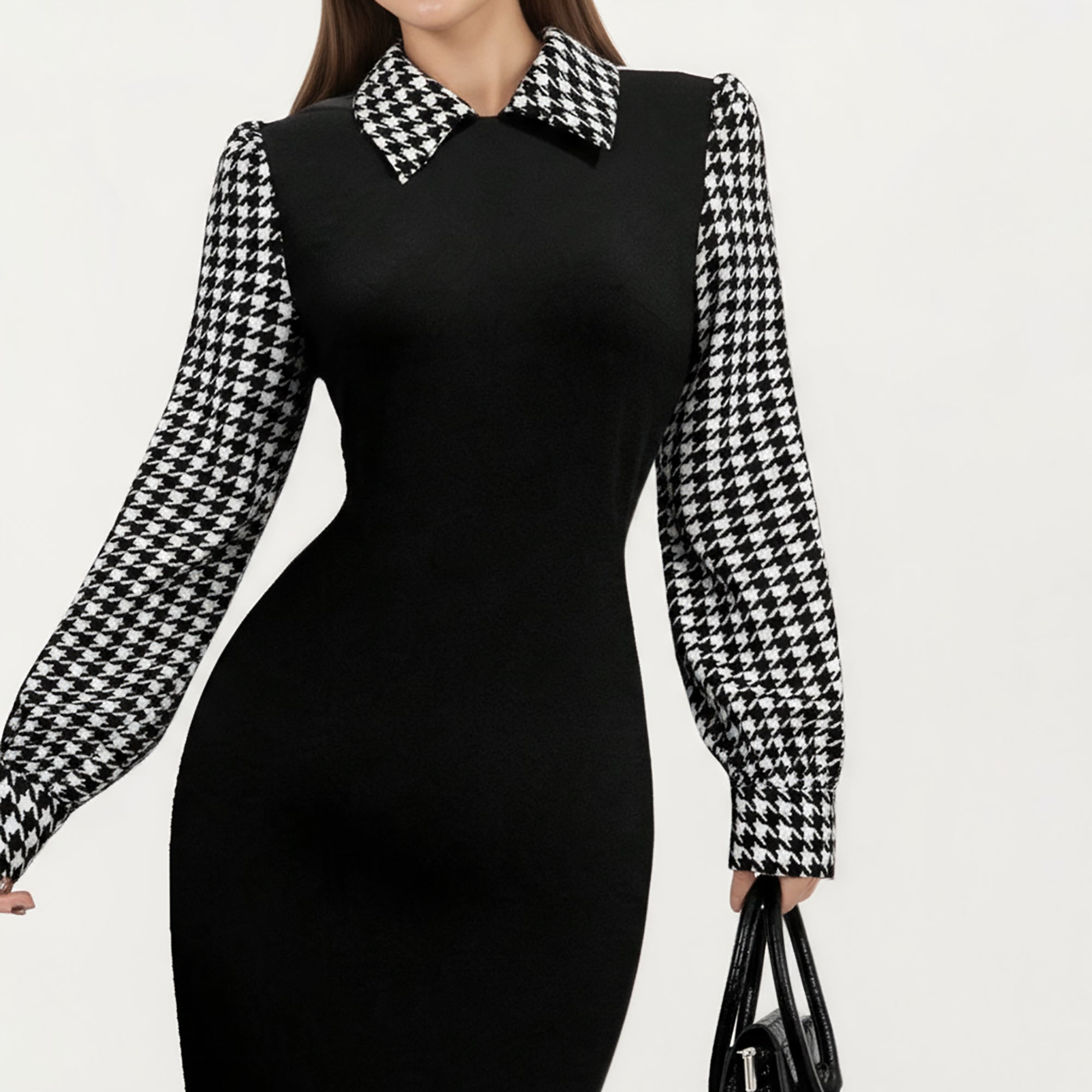 Anna-Kaci Women's Long Sleeve Houndstooth Collar Maxi Dress with Fitted Silhouette and Contrast Design