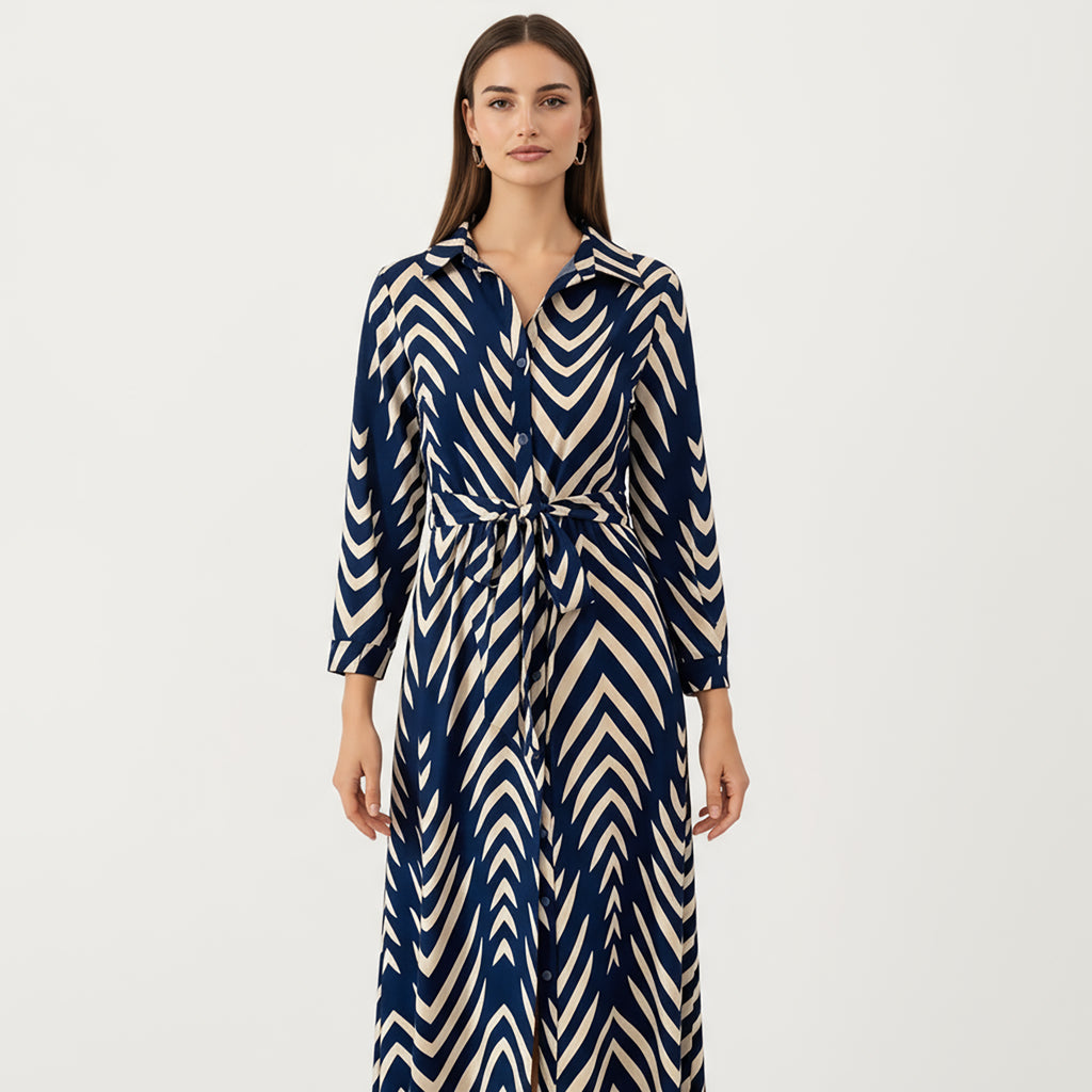 Anna-Kaci Women's Long Sleeve Button-Up Maxi Shirt Dress with Geometric Chevron Print and Waist Tie