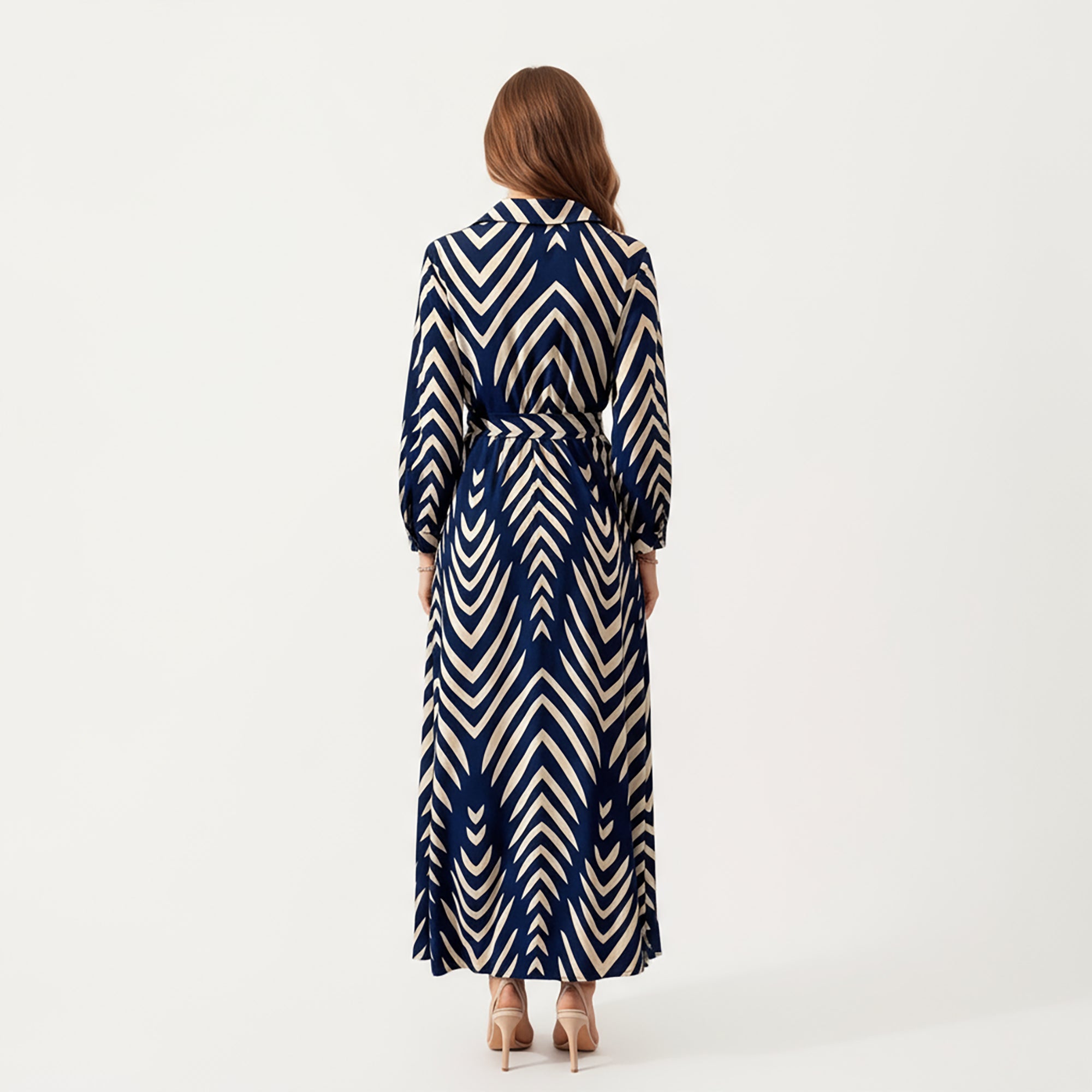 Anna-Kaci Women's Long Sleeve Button-Up Maxi Shirt Dress with Geometric Chevron Print and Waist Tie