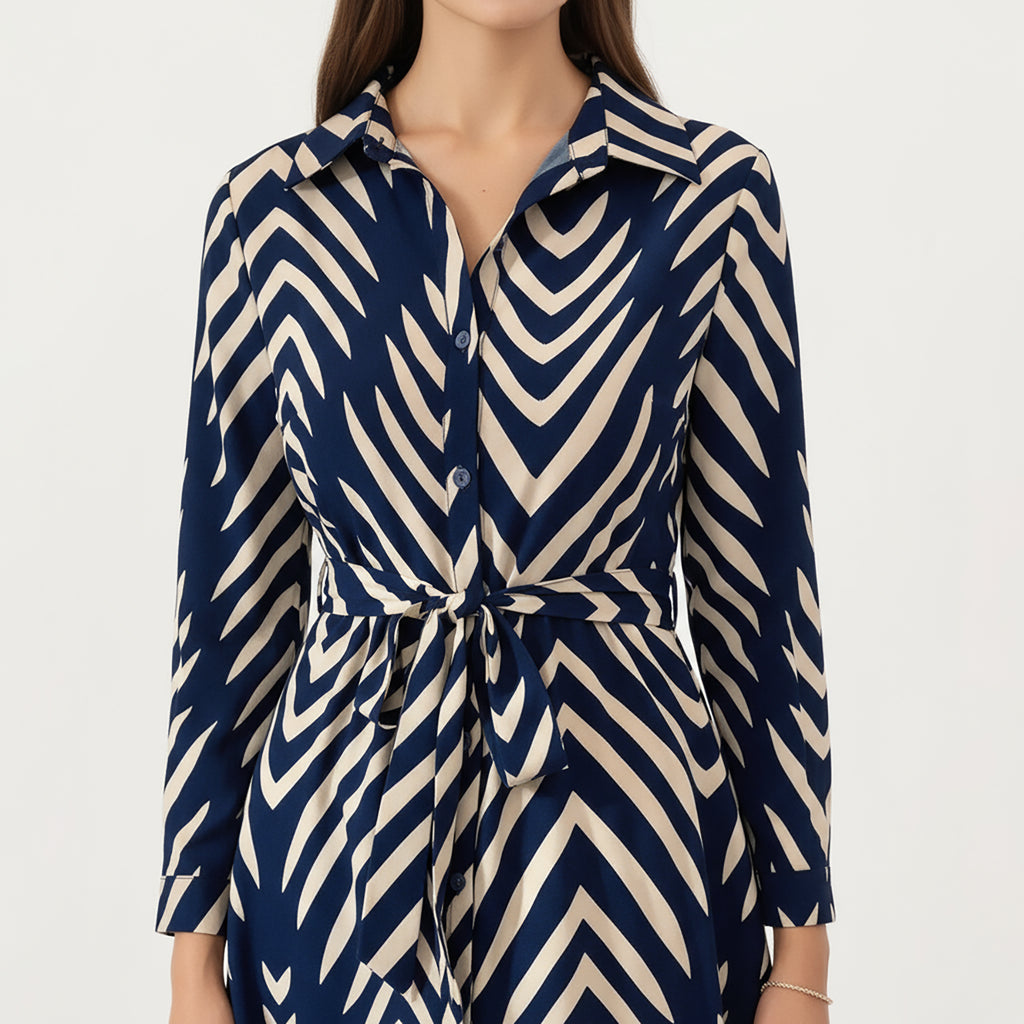 Anna-Kaci Women's Long Sleeve Button-Up Maxi Shirt Dress with Geometric Chevron Print and Waist Tie