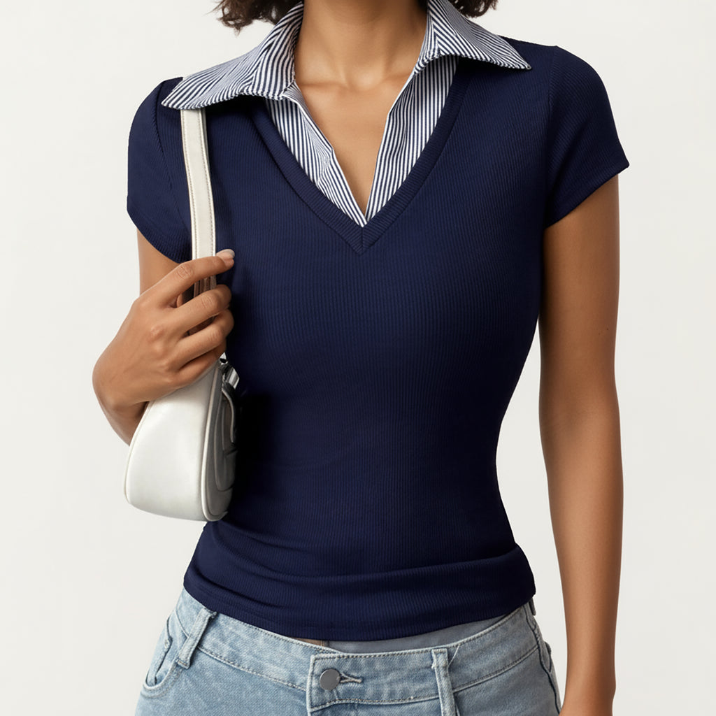 Anna-Kaci Women's Short Sleeve Knit Top with Striped Collar Insert and V-Neckline
