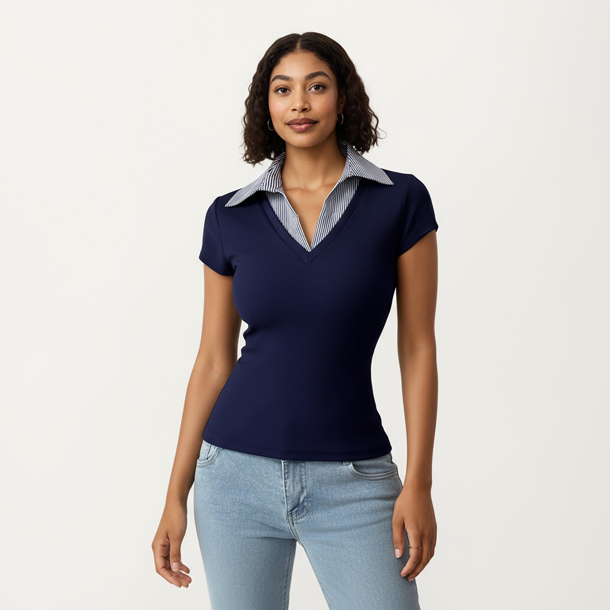 Anna-Kaci Women's Short Sleeve Knit Top with Striped Collar Insert and V-Neckline