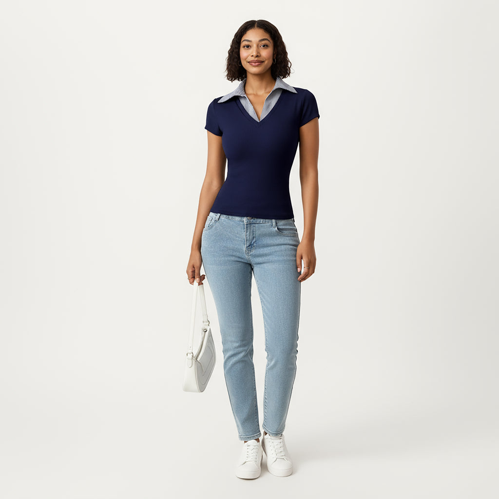 Anna-Kaci Women's Short Sleeve Knit Top with Striped Collar Insert and V-Neckline