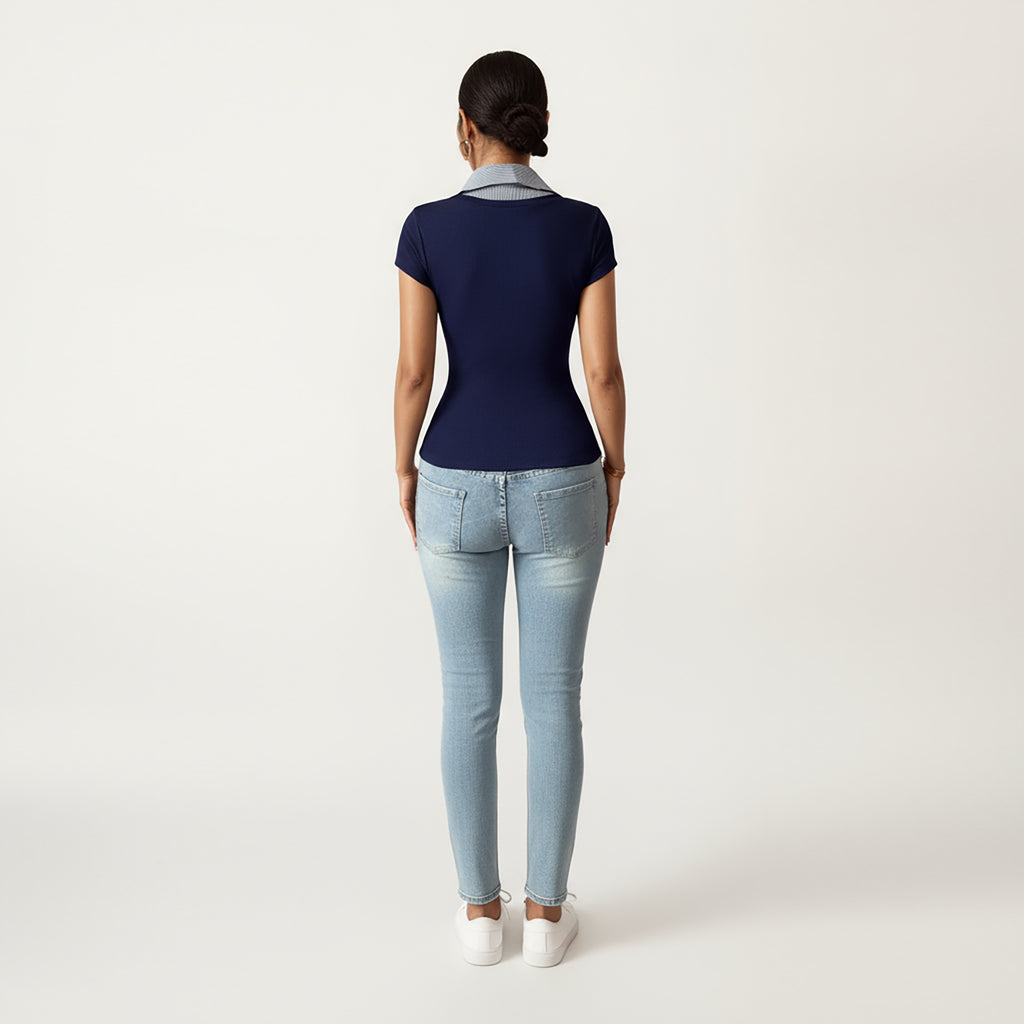 Anna-Kaci Women's Short Sleeve Knit Top with Striped Collar Insert and V-Neckline