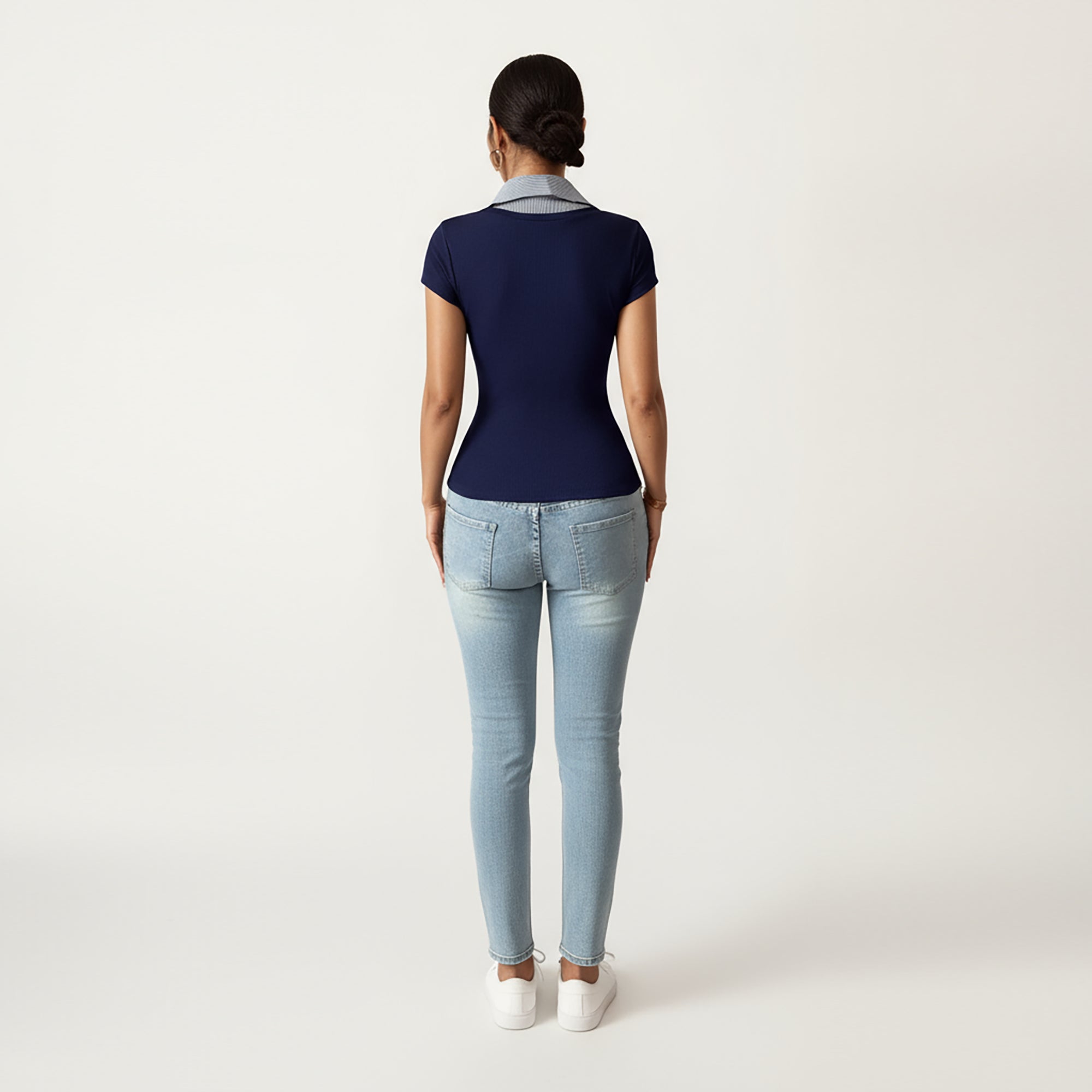 Anna-Kaci Women's Short Sleeve Knit Top with Striped Collar Insert and V-Neckline