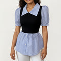 Anna-Kaci Women's Puff Sleeve Gingham Peplum Blouse with Knit Bodice and Wide Collar