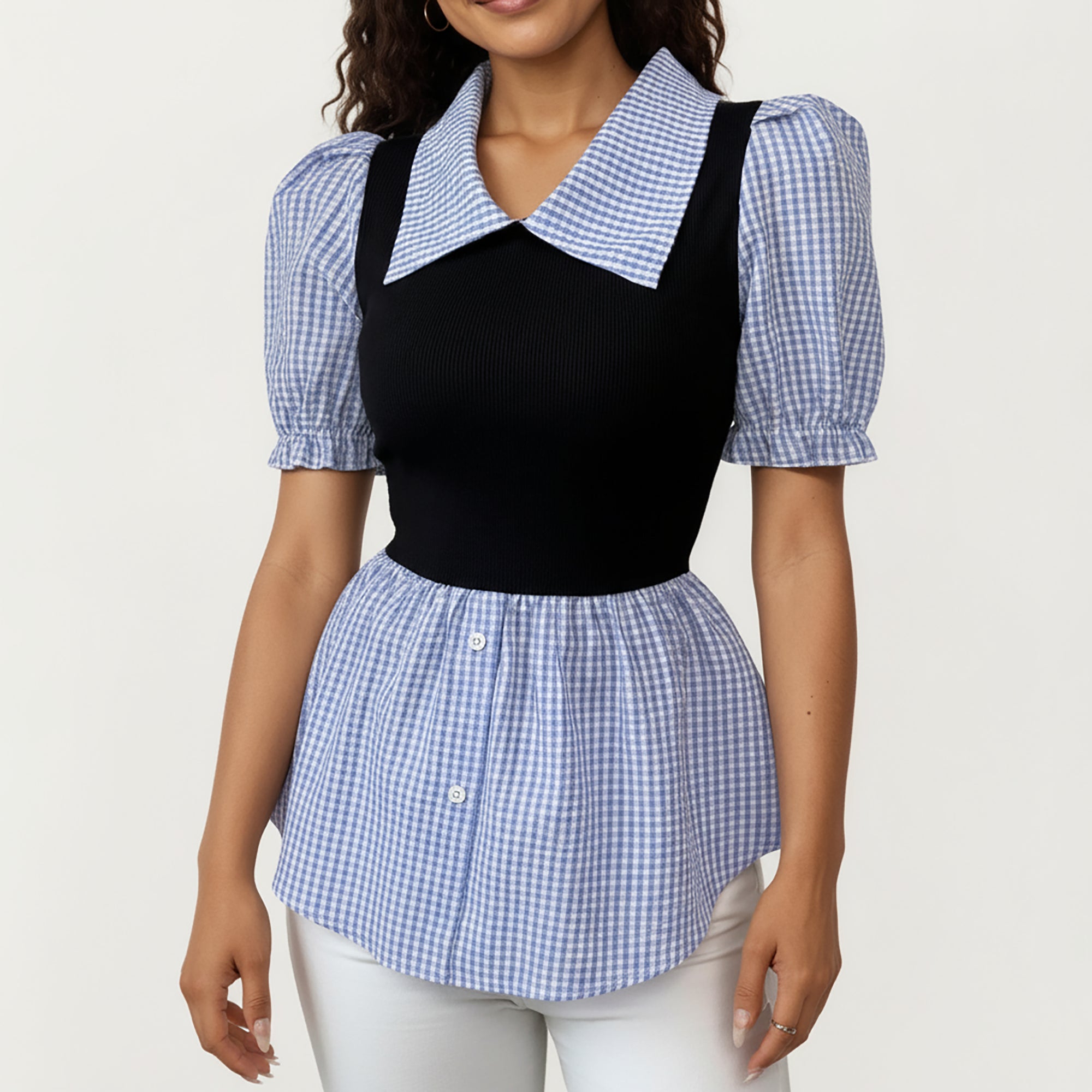 Anna-Kaci Women's Puff Sleeve Gingham Peplum Blouse with Knit Bodice and Wide Collar