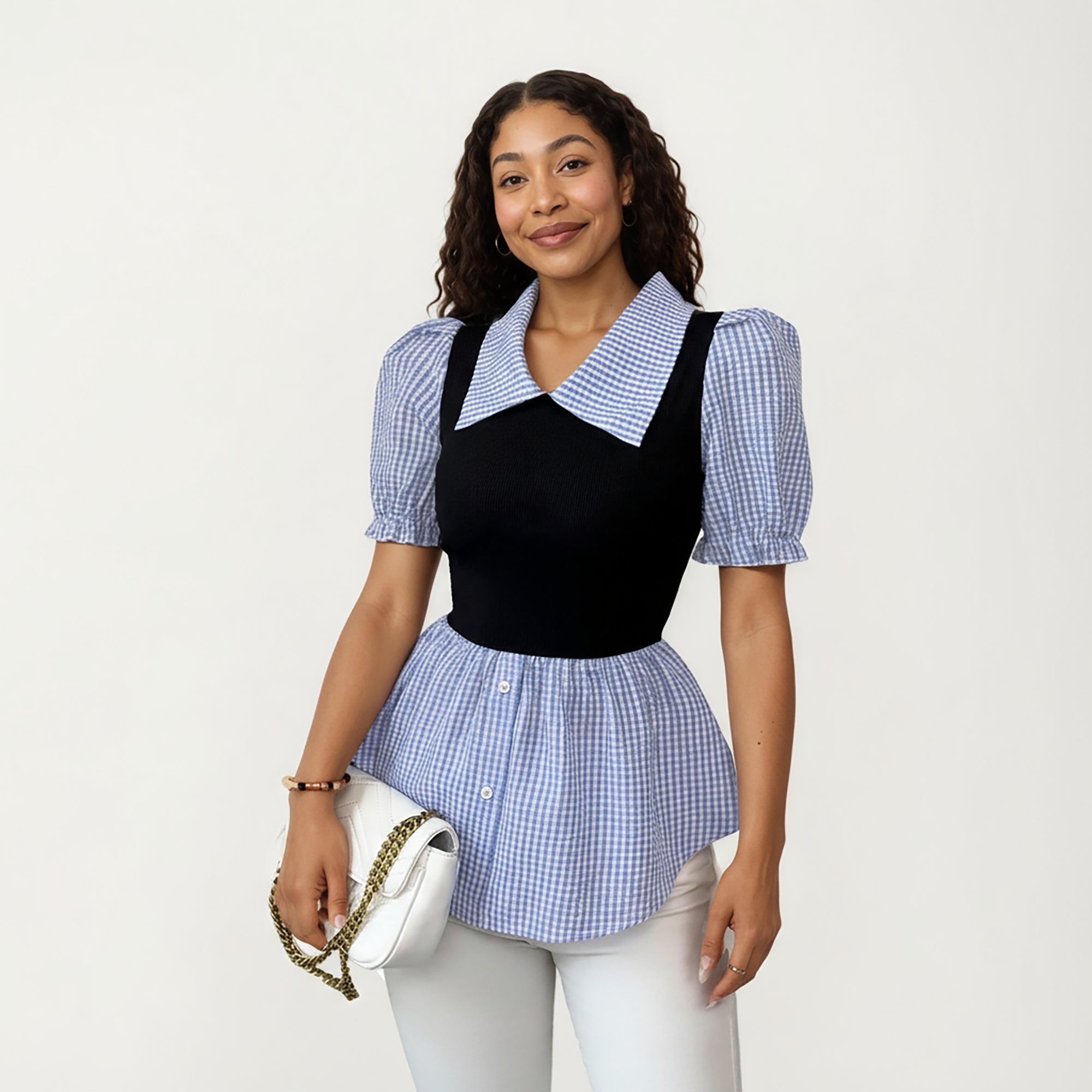 Anna-Kaci Women's Puff Sleeve Gingham Peplum Blouse with Knit Bodice and Wide Collar