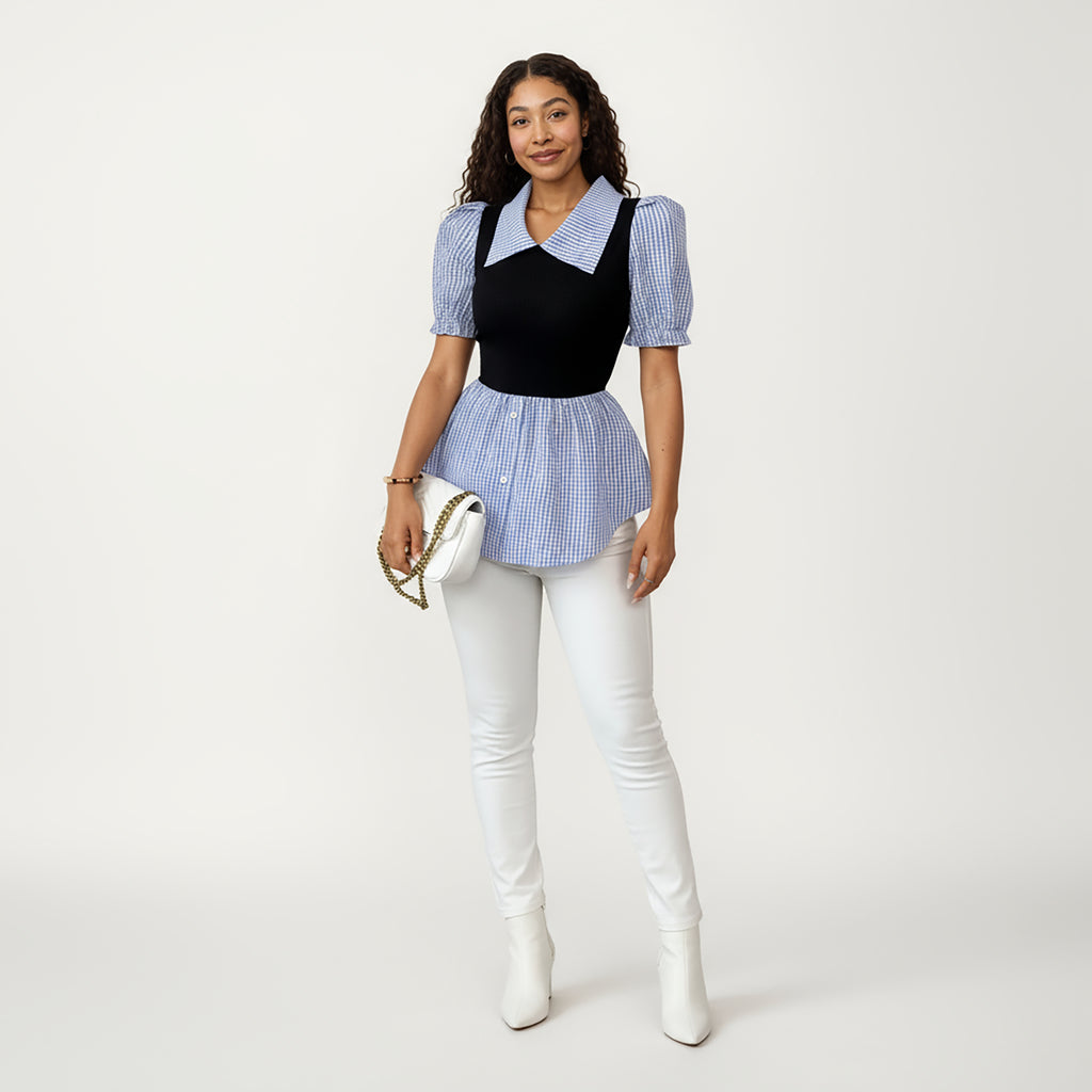 Anna-Kaci Women's Puff Sleeve Gingham Peplum Blouse with Knit Bodice and Wide Collar