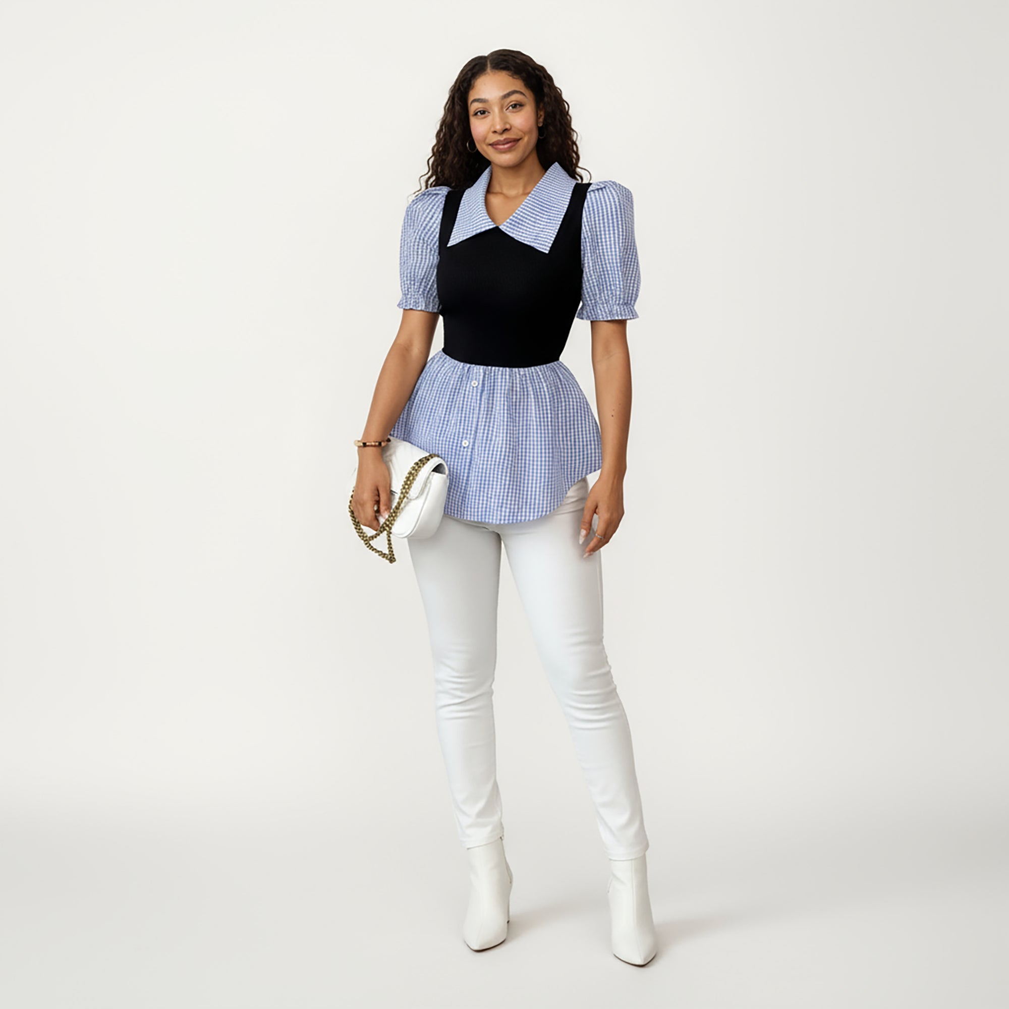 Anna-Kaci Women's Puff Sleeve Gingham Peplum Blouse with Knit Bodice and Wide Collar